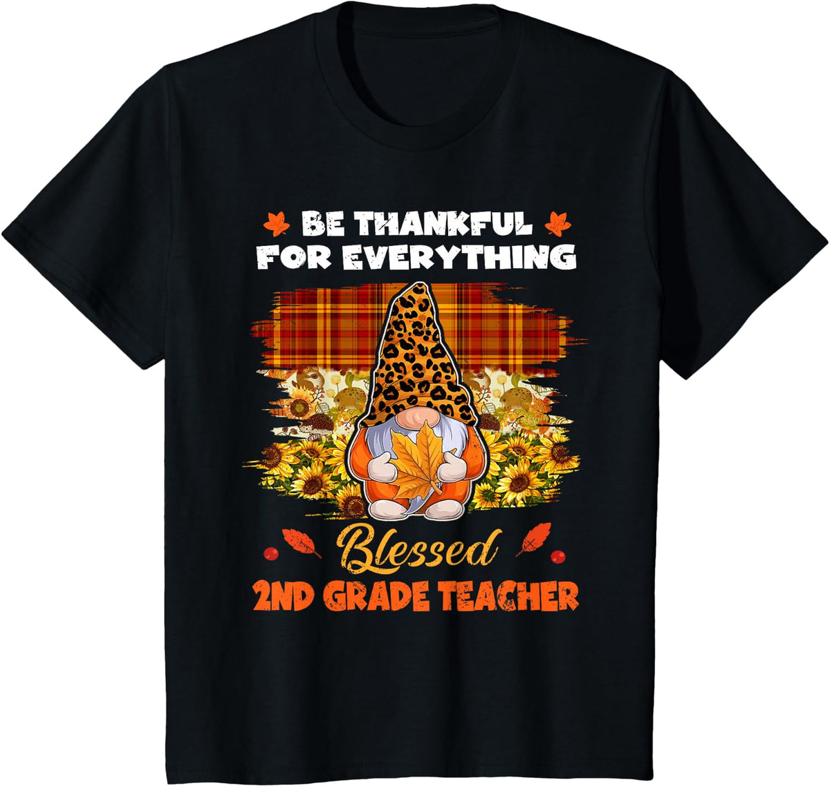 Thankful Blessed 2nd Grade Teacher Gnome Thanksgiving T-Shirt - Black
