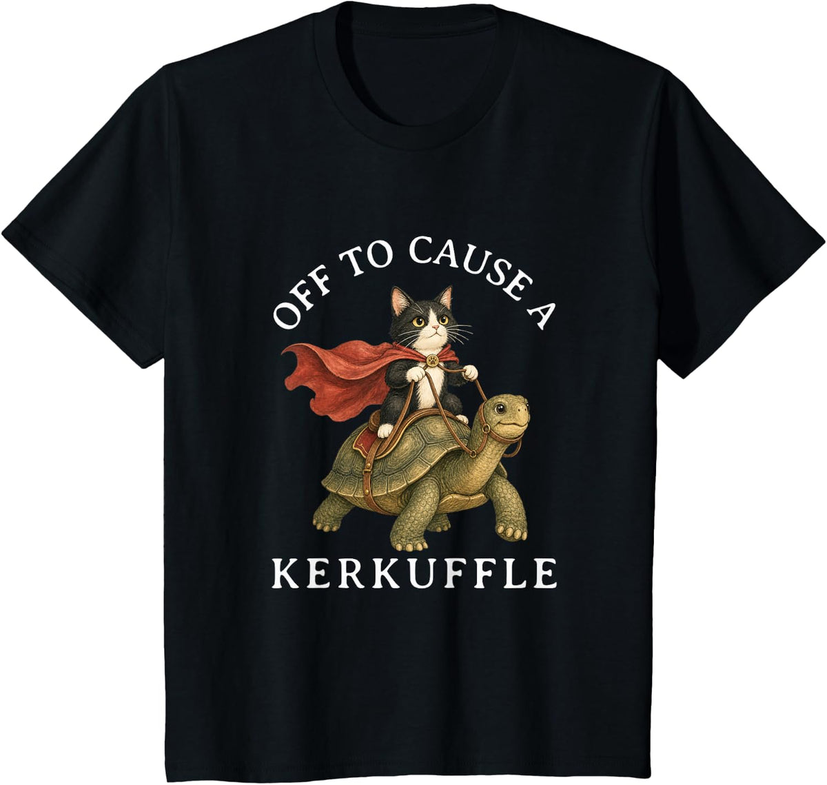 Off to Cause A Kerfuffle Cat Whimsical Tortoise Meme T-Shirt - Black