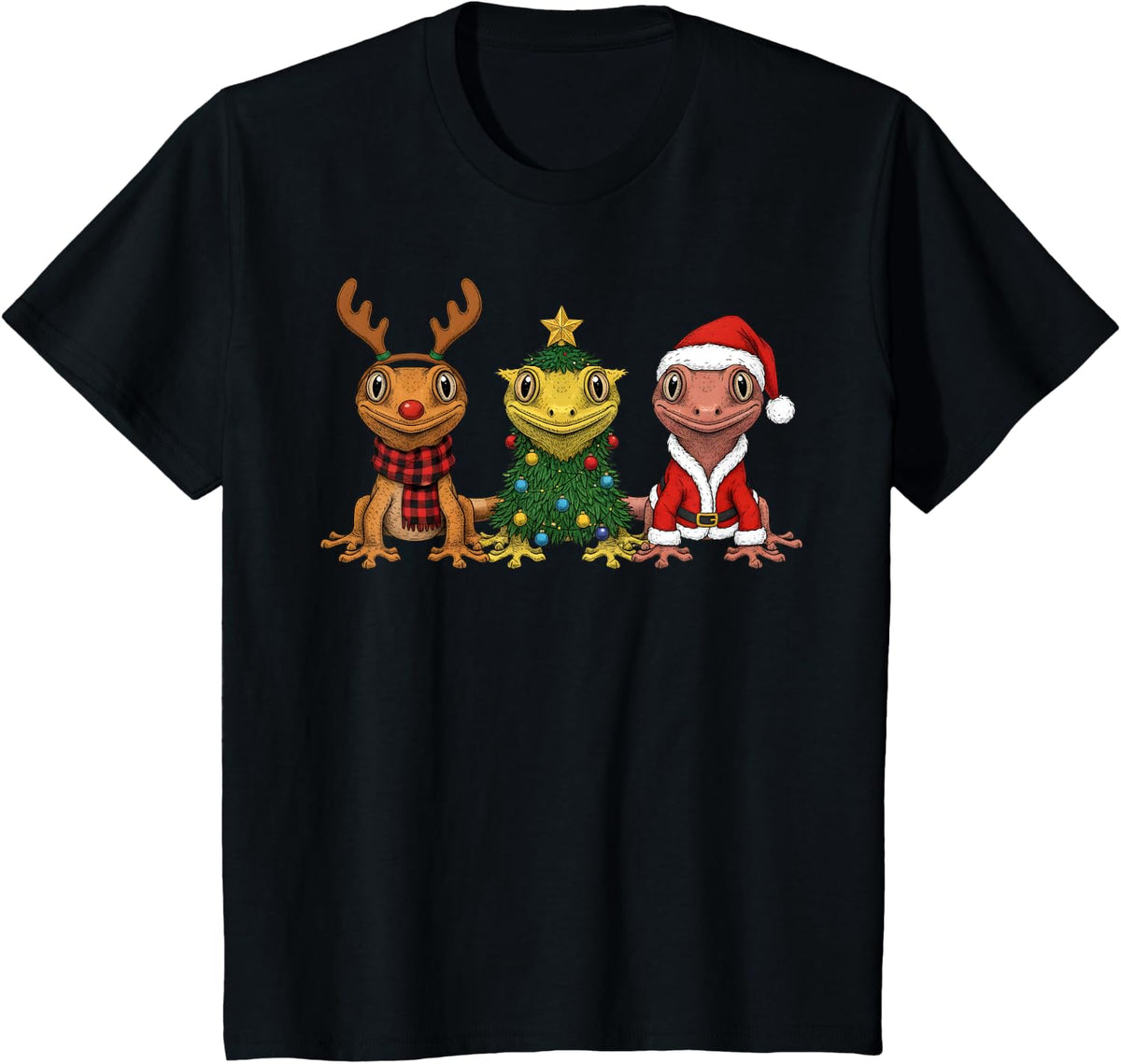Retro Christmas Crested Gecko Santa Reindeer T-Shirt - Black