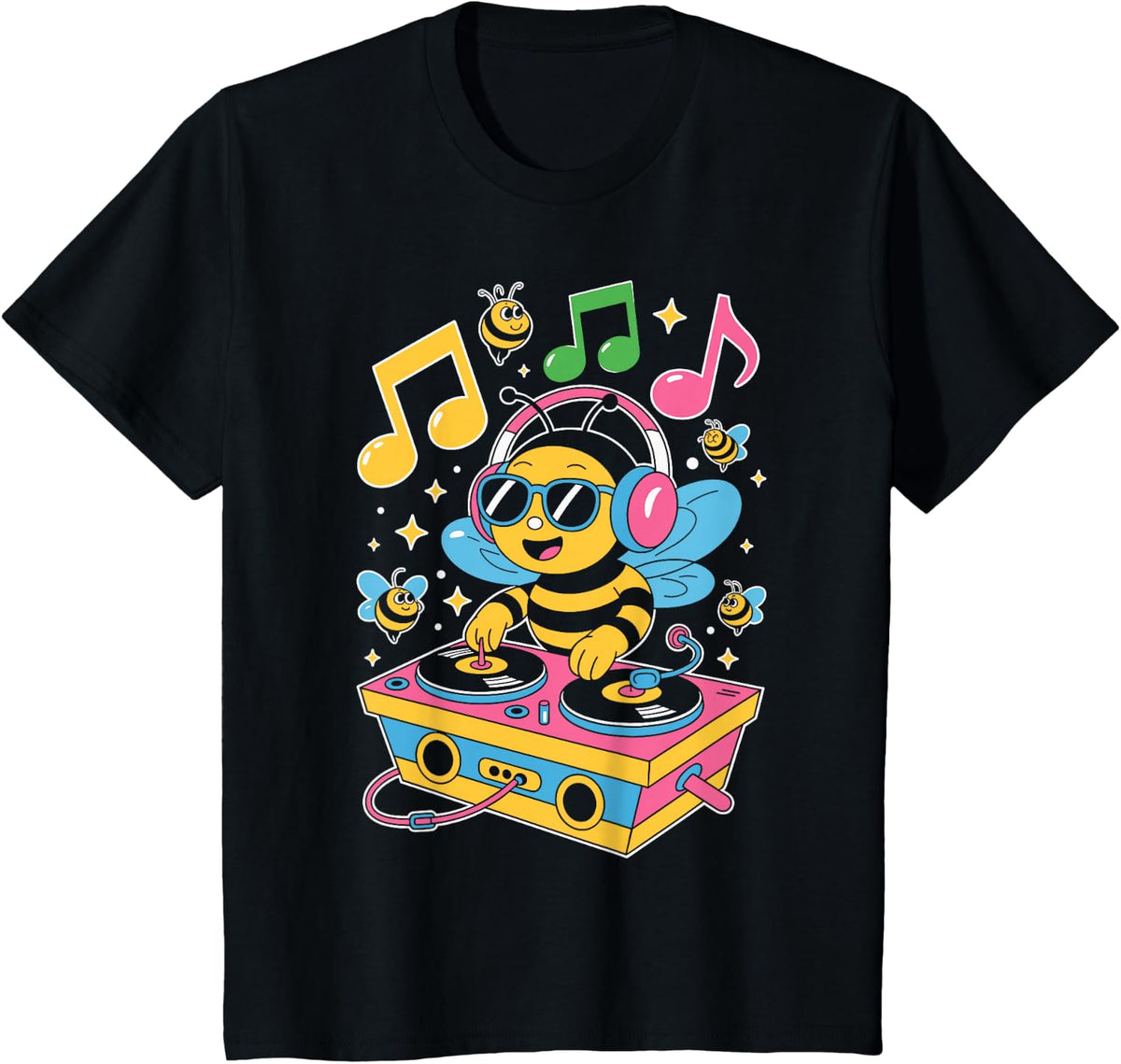 DJ Bee – Funny Music Lover Cartoon Design T-Shirt - Black