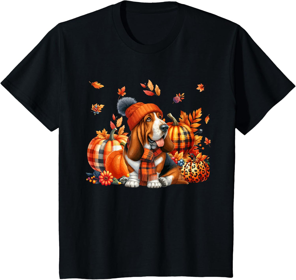 Basset Hound Thanksgiving Leopard Pumpkins Fall Leaves Tees T Shirts - Black