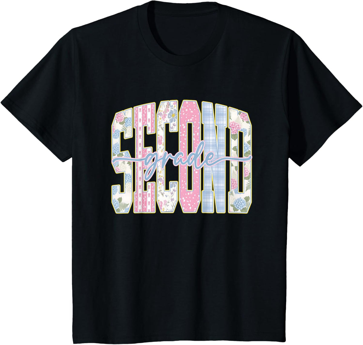 Retro Second Grade Floral Back to School Teacher Gingham T-Shirt - Black