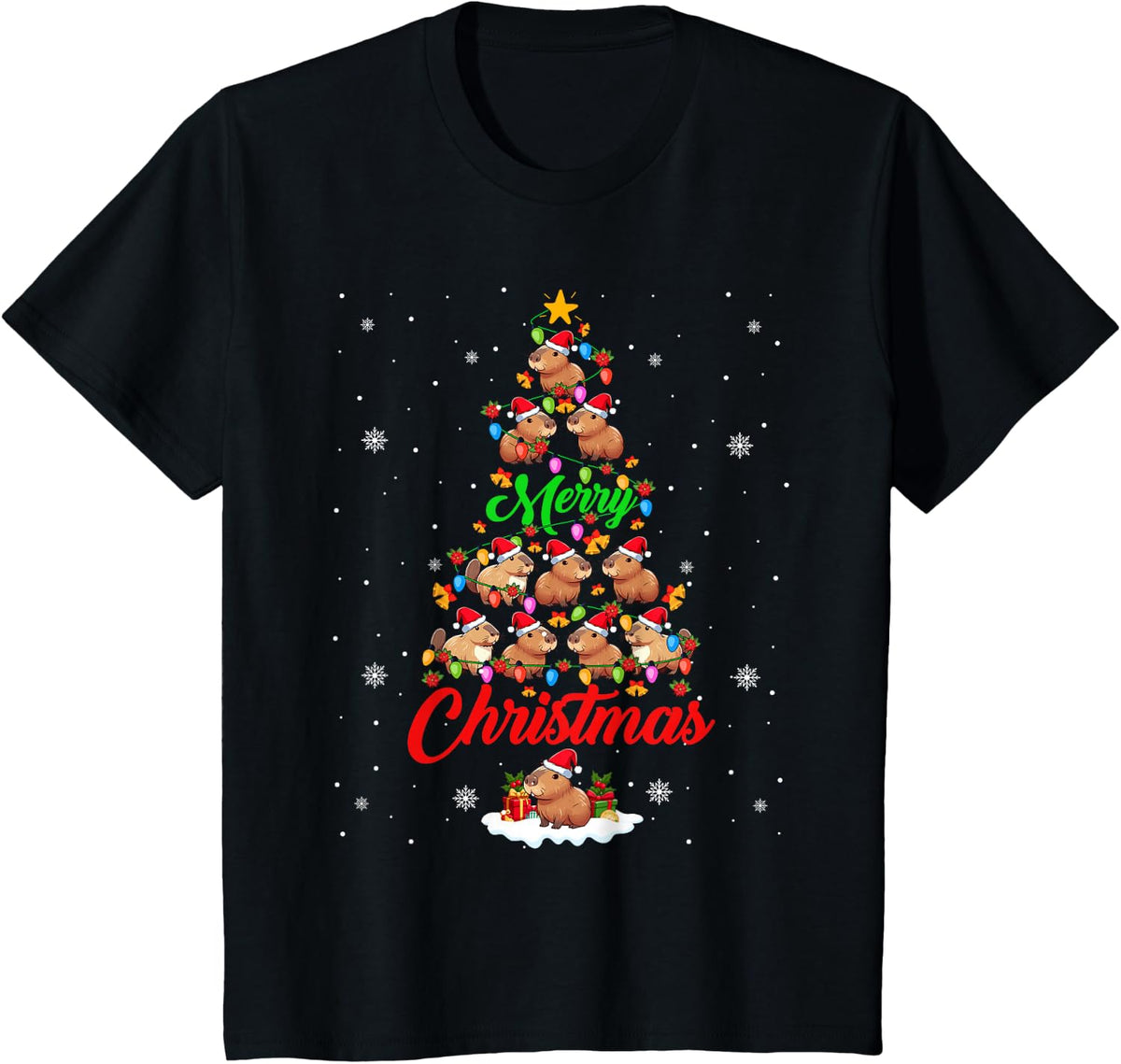 Merry Christmas Group Santa Capybaras As Xmas Tree Lights T-Shirt - Black