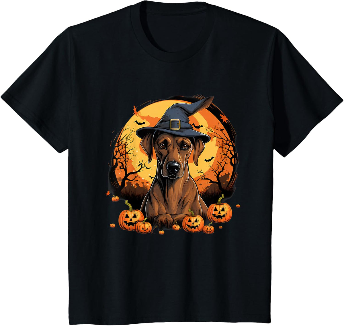Spooky Rhodesian Ridgeback Dog Witch Halloween T-Shirt - Black