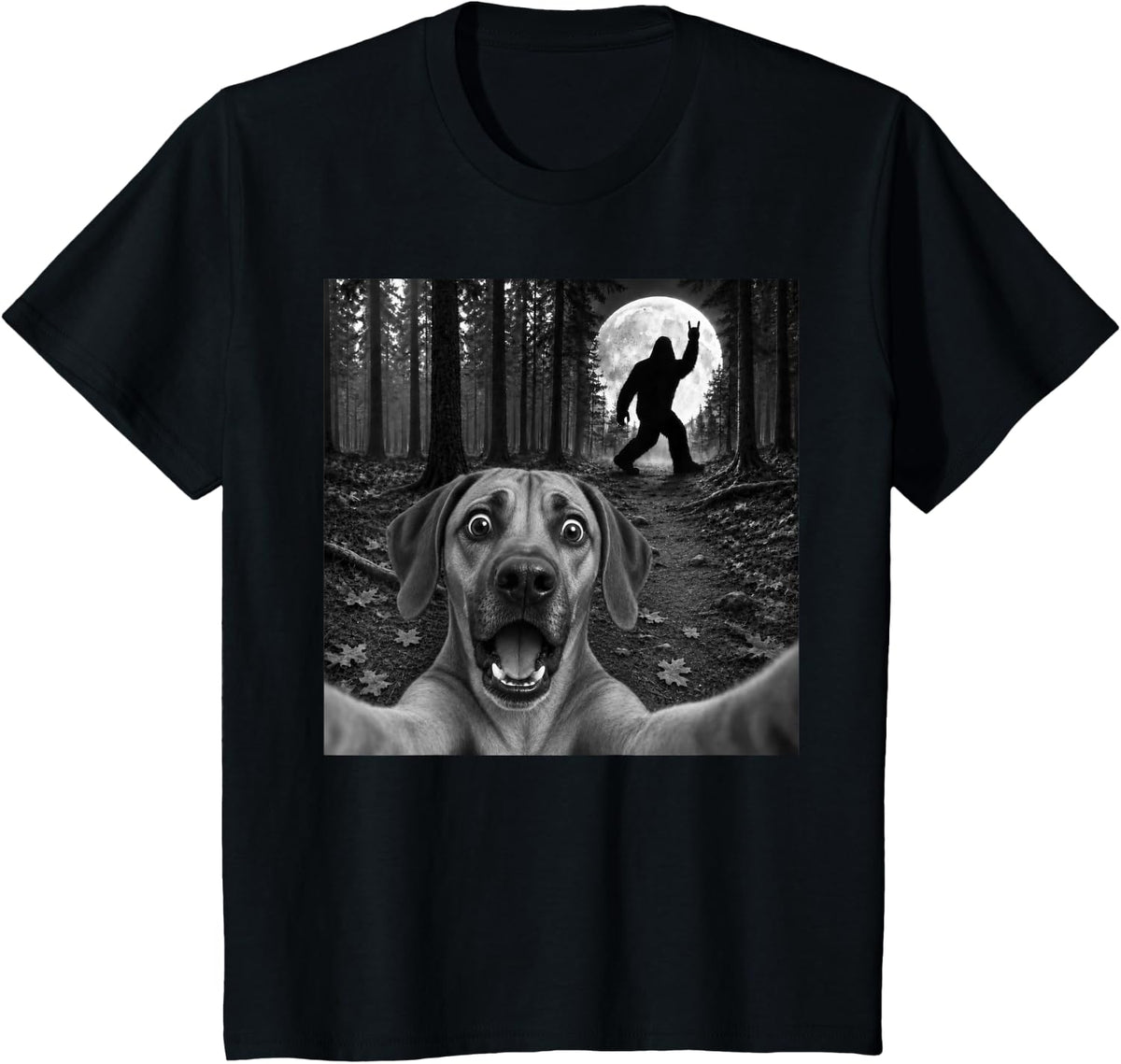 Rhodesian Ridgeback Selfie with Bigfoot Rock and Roll Dog T-Shirt - Black