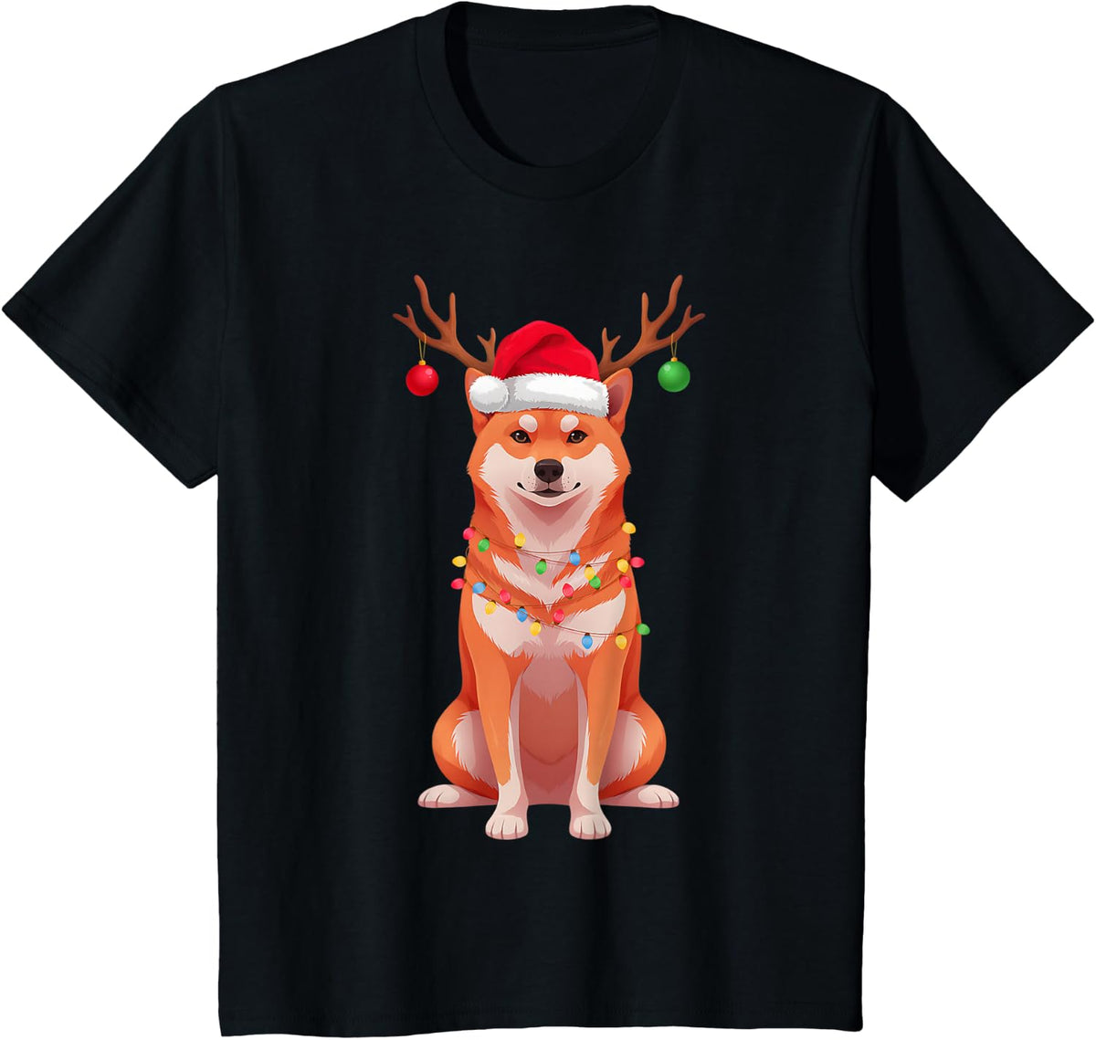 Shiba Inu Santa Hat Reindeer Ornaments Dog Mom Dad T-Shirt - Black