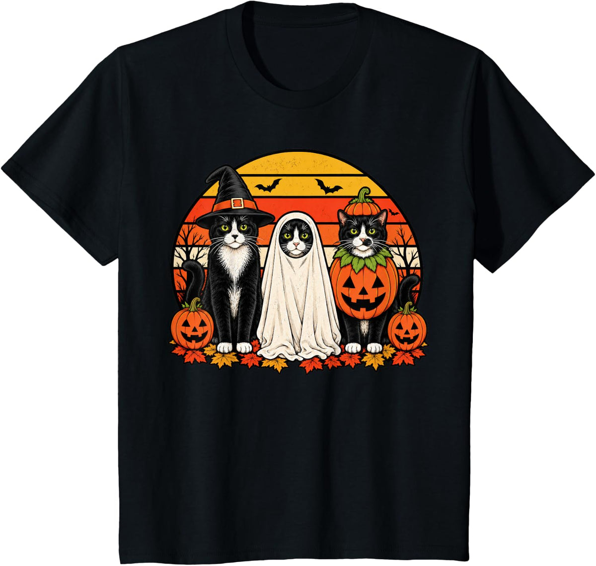 Spooky Tuxedo Cat Pumpkin Ghost Halloween T-Shirt - Black