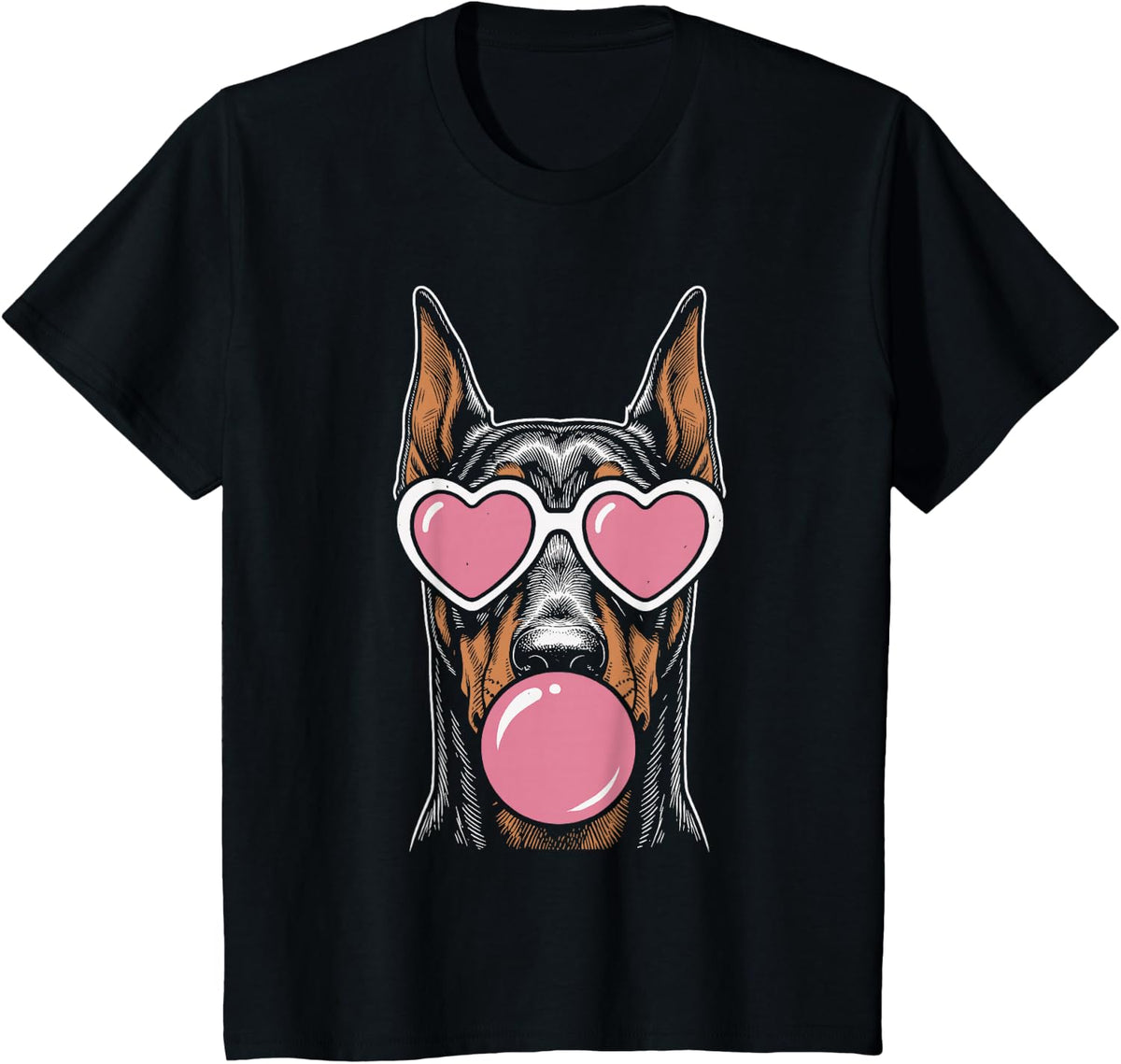 Doberman Pinscher Dog Blowing Bubble Gum Pink Sunglasses T-Shirt - Black