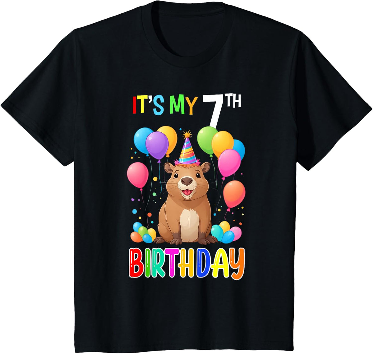 7th Birthday Shirt Funny Capybara 7 Years Capybara Birthday T-Shirt - Black