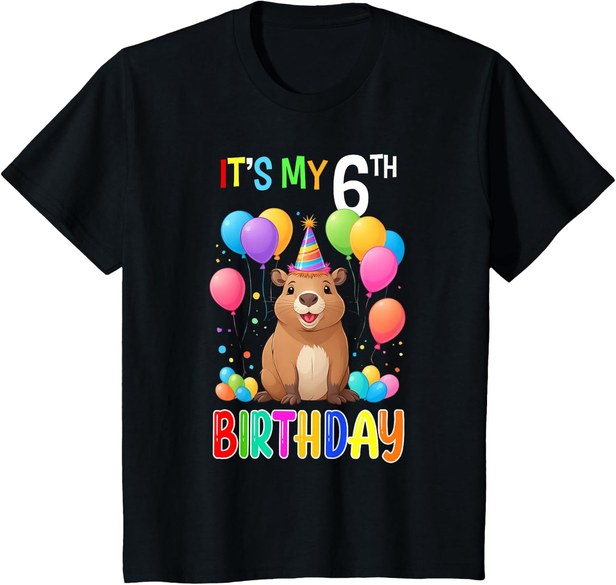 6th Birthday Shirt Funny Capybara 6 Years Capybara Birthday T-Shirt - Black