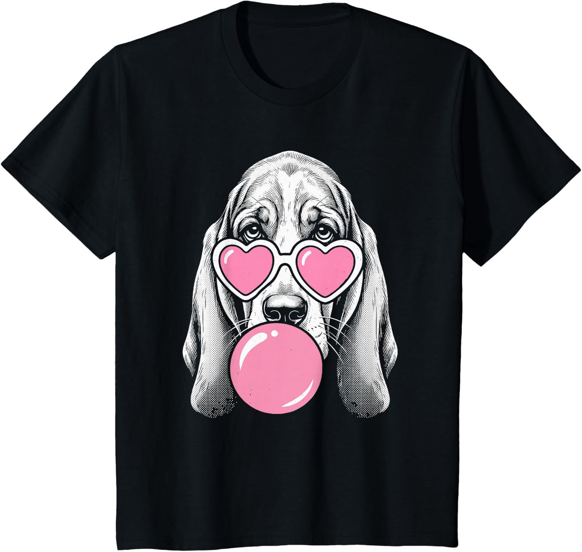 Basset Hound Dog Blowing Bubble Gum Heart Pink Sunglasses T-Shirt - Black