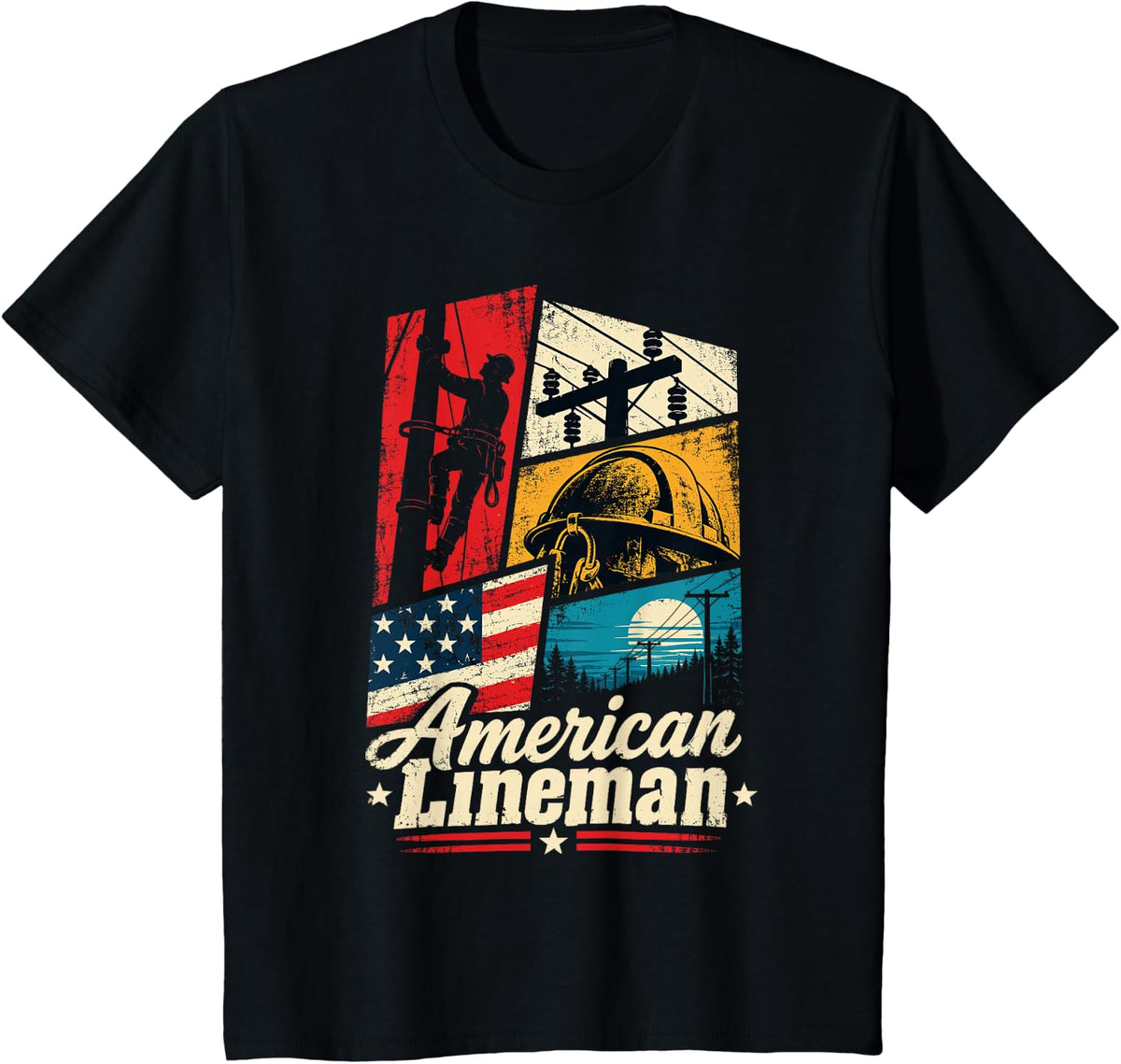 American Lineman Us Flag Power Lineman T-Shirt - Black