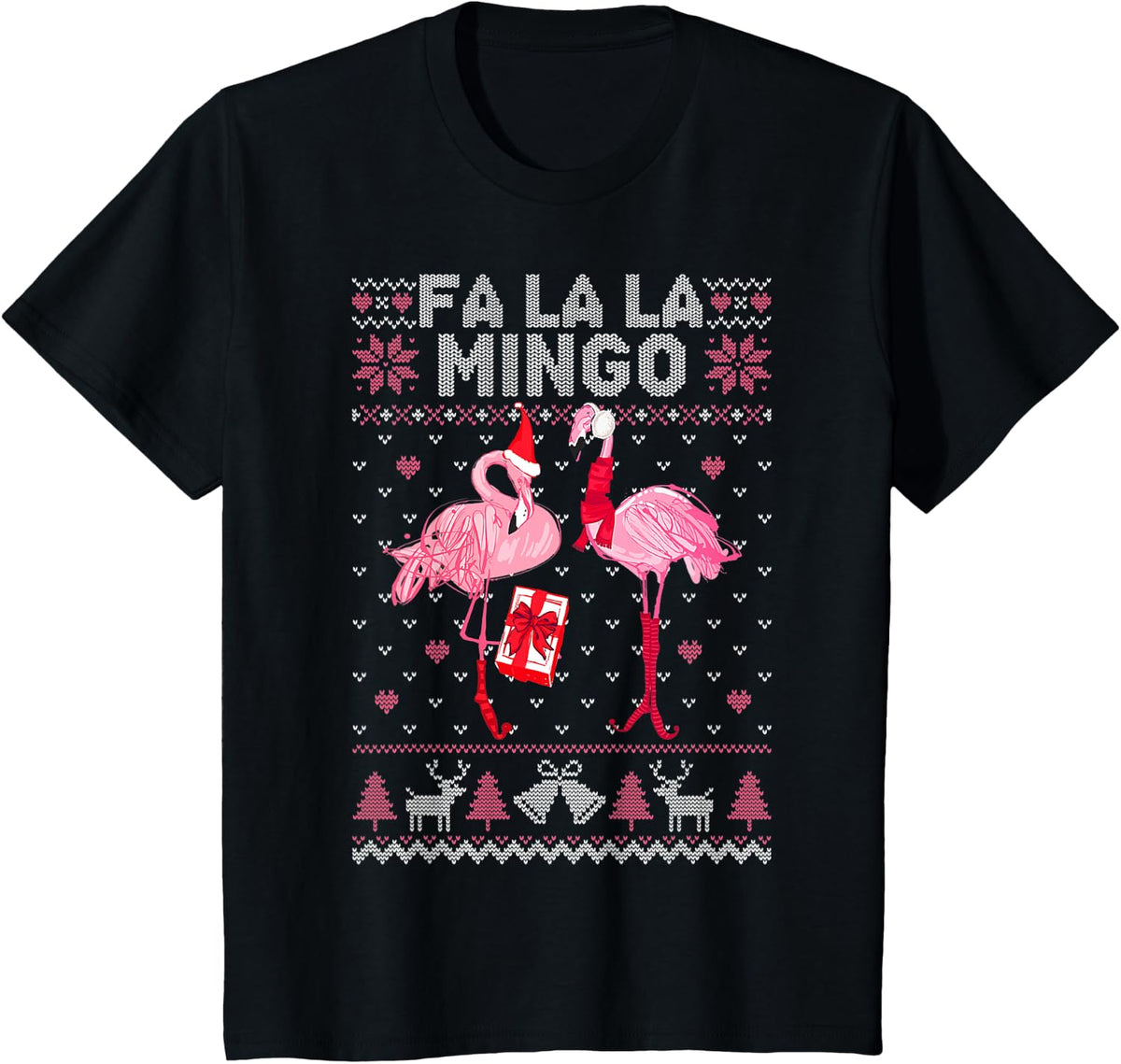 Fa La La La Mingo Flamingo Santa Pink Ugly Christmas Sweater T-Shirt - Black