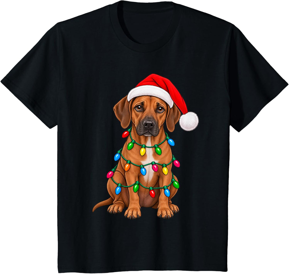 Cute Rhodesian Ridgeback Santa Christmas Lights Dog Lover T-Shirt - Black