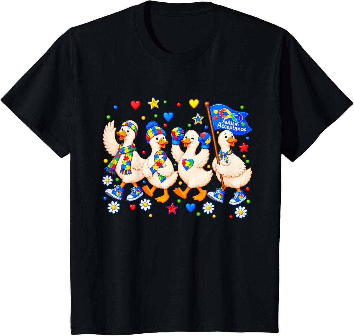 Autism Acceptance Goose Rainbow Infinity Family Support T-Shirt - Black