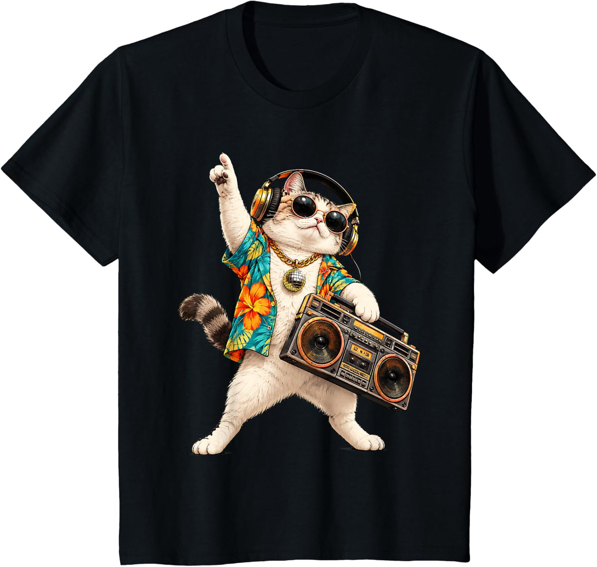 House DJ Cat Retro DJ Cat Kitty on Turntable Disco DJ Cat T-Shirt - Black