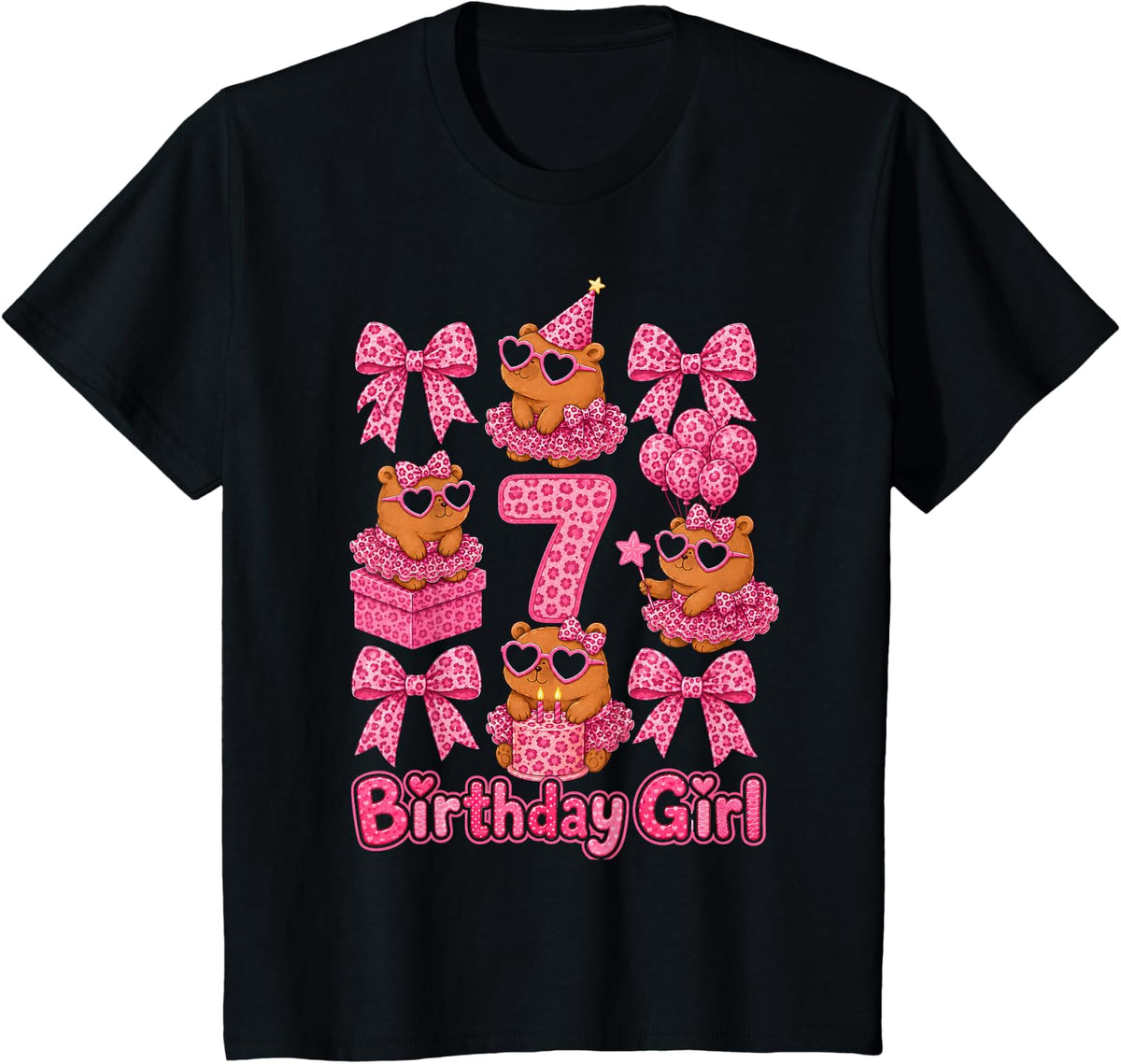 7th Birthday Girl Capybara Coquette Bow Leopard Tutu 7 Year T-Shirt - Black