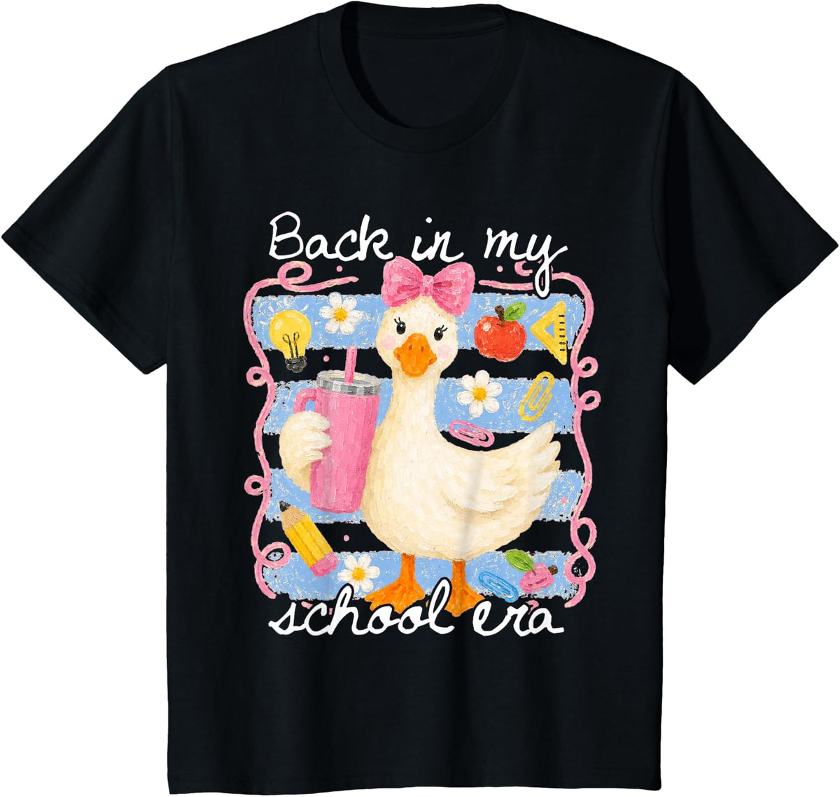 Retro Back in My School Era Goose Preppy Bow Teacher Student T-Shirt - Black