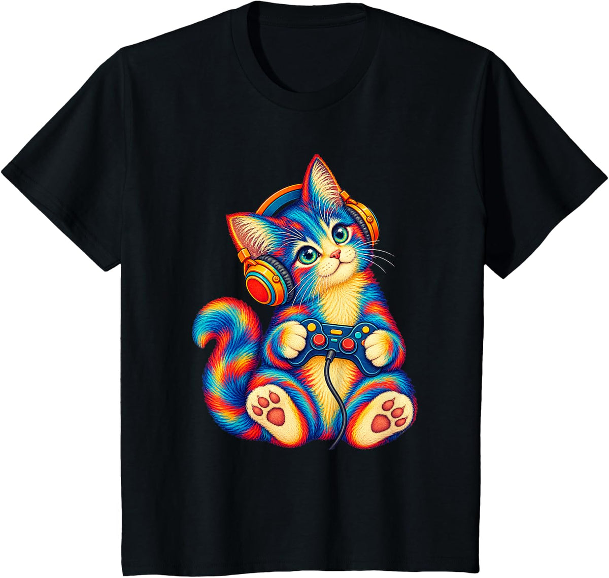 Blue and Yellow Tuxedo Kitten with Headphones and Controller T-Shirt - Black
