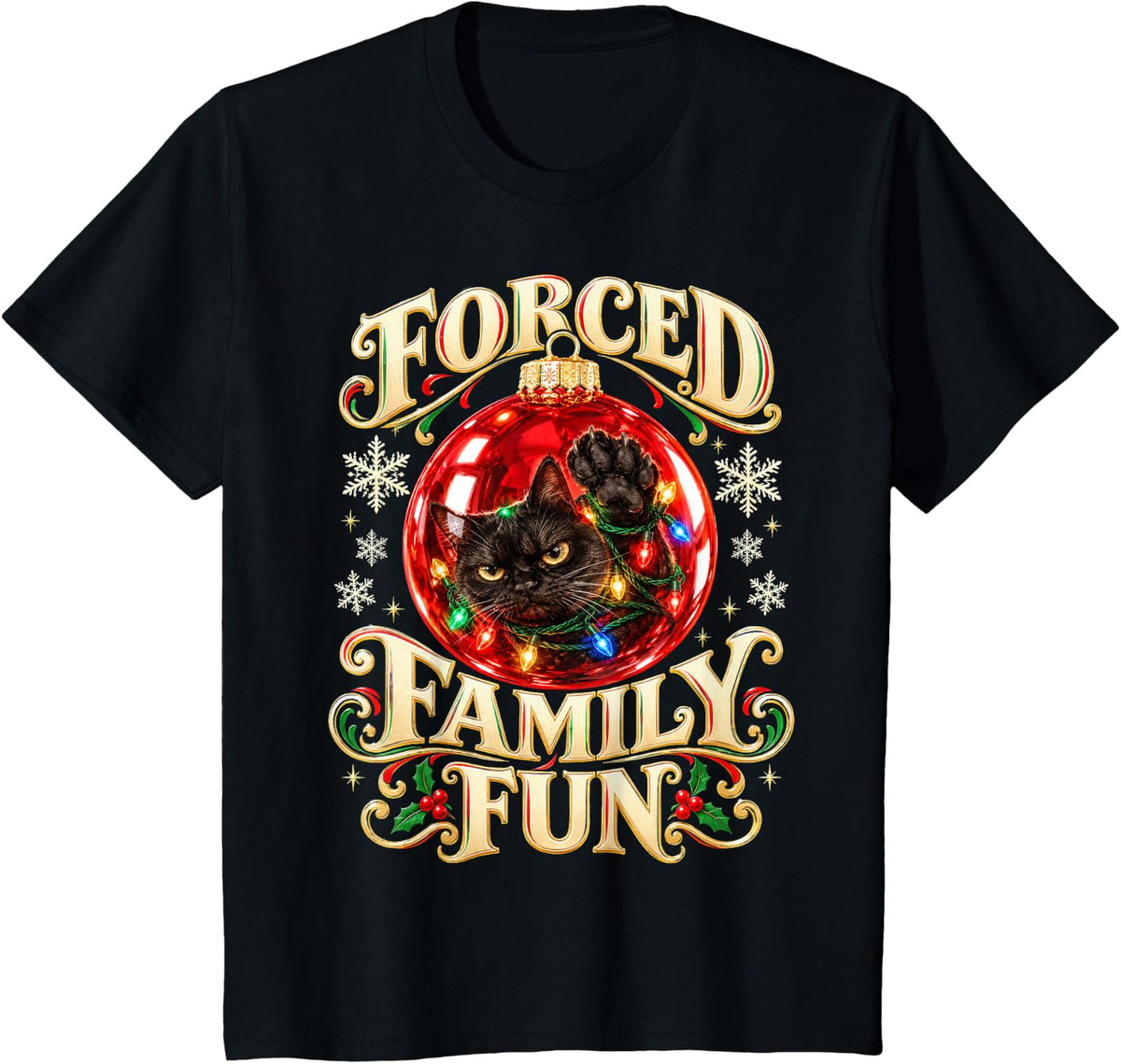 Forced Family Fun Christmas Cat Ornate Vintage T-Shirt - Black