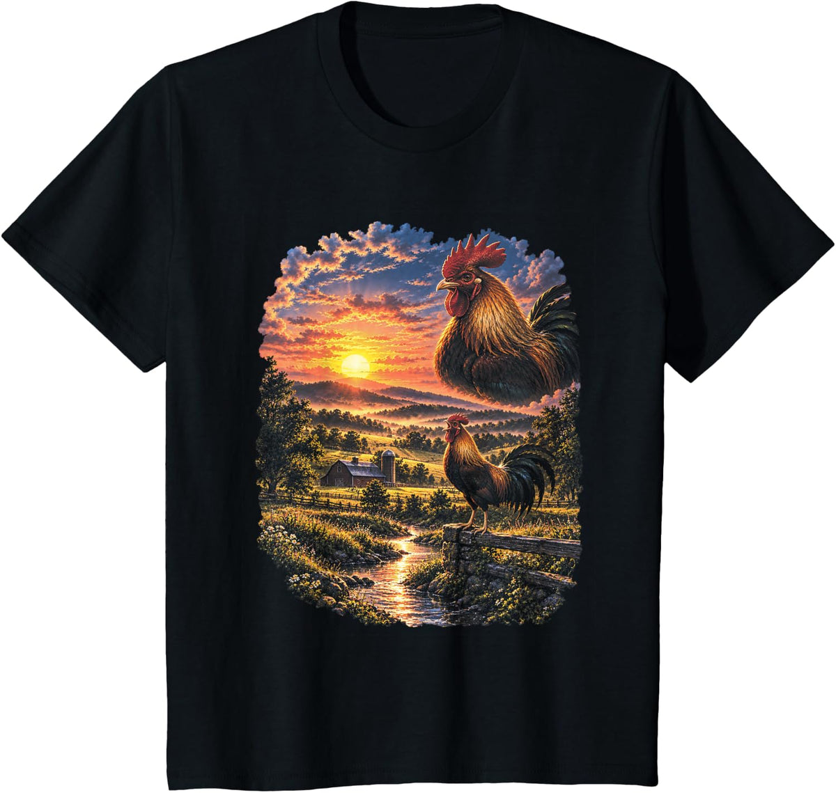 Country Rooster Sunrise Farmhouse Farm Chicken 90s Retro T-Shirt - Black