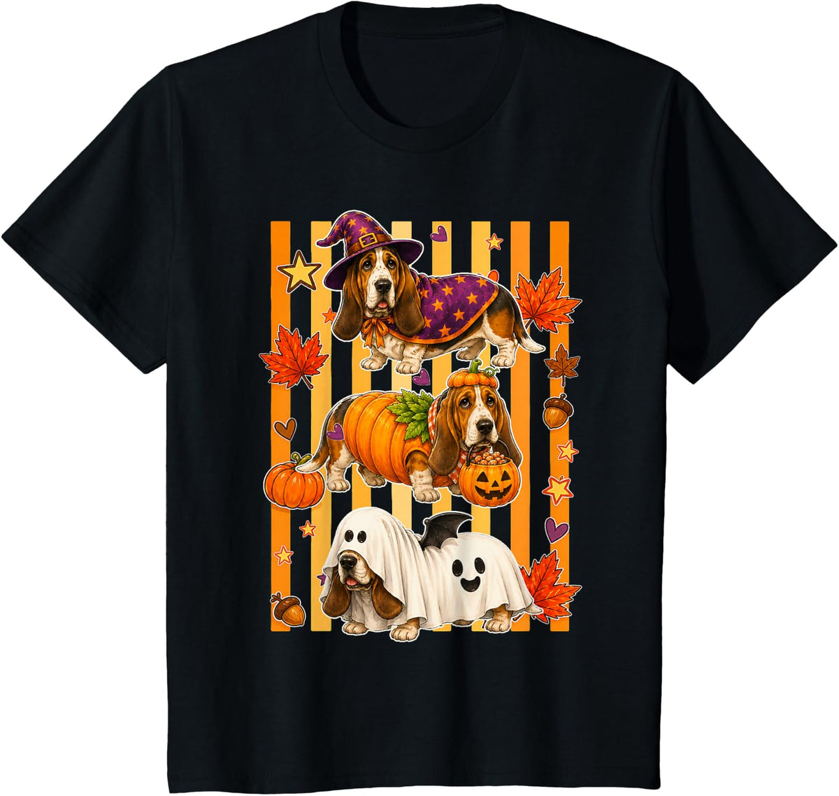 Retro Stripes Basset Hound Halloween Costume Cute Dog T-Shirt - Black