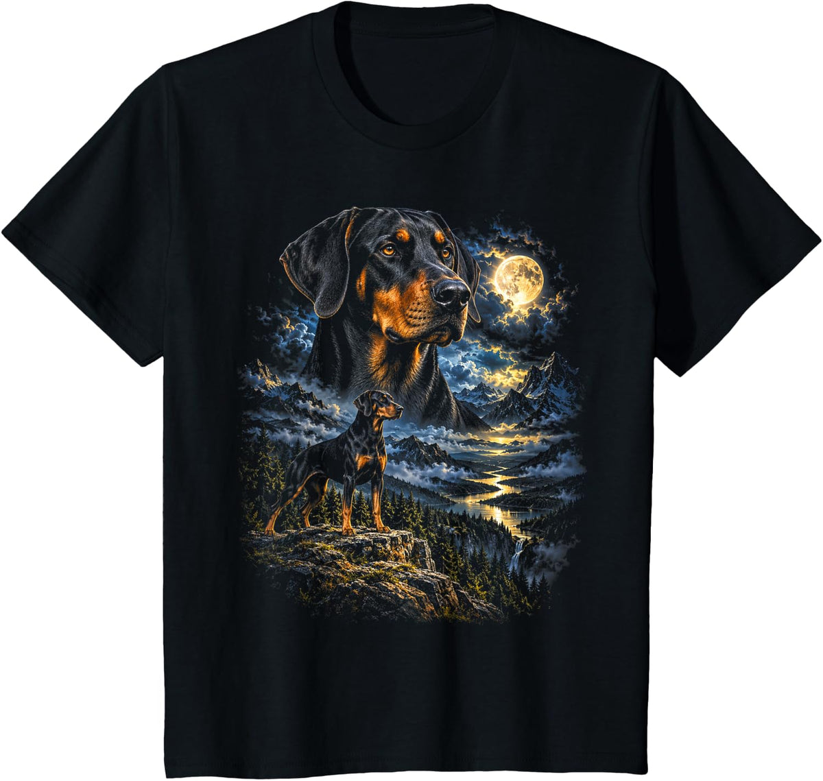 Doberman Pinscher Full Moon Alpine Lake Scenic Dog Portrait T-Shirt - Black