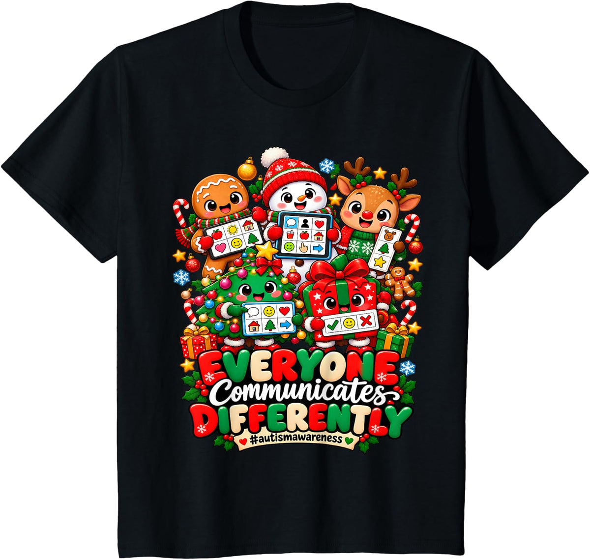 Everyone Communicates Differently Christmas Autism T-Shirt - Black