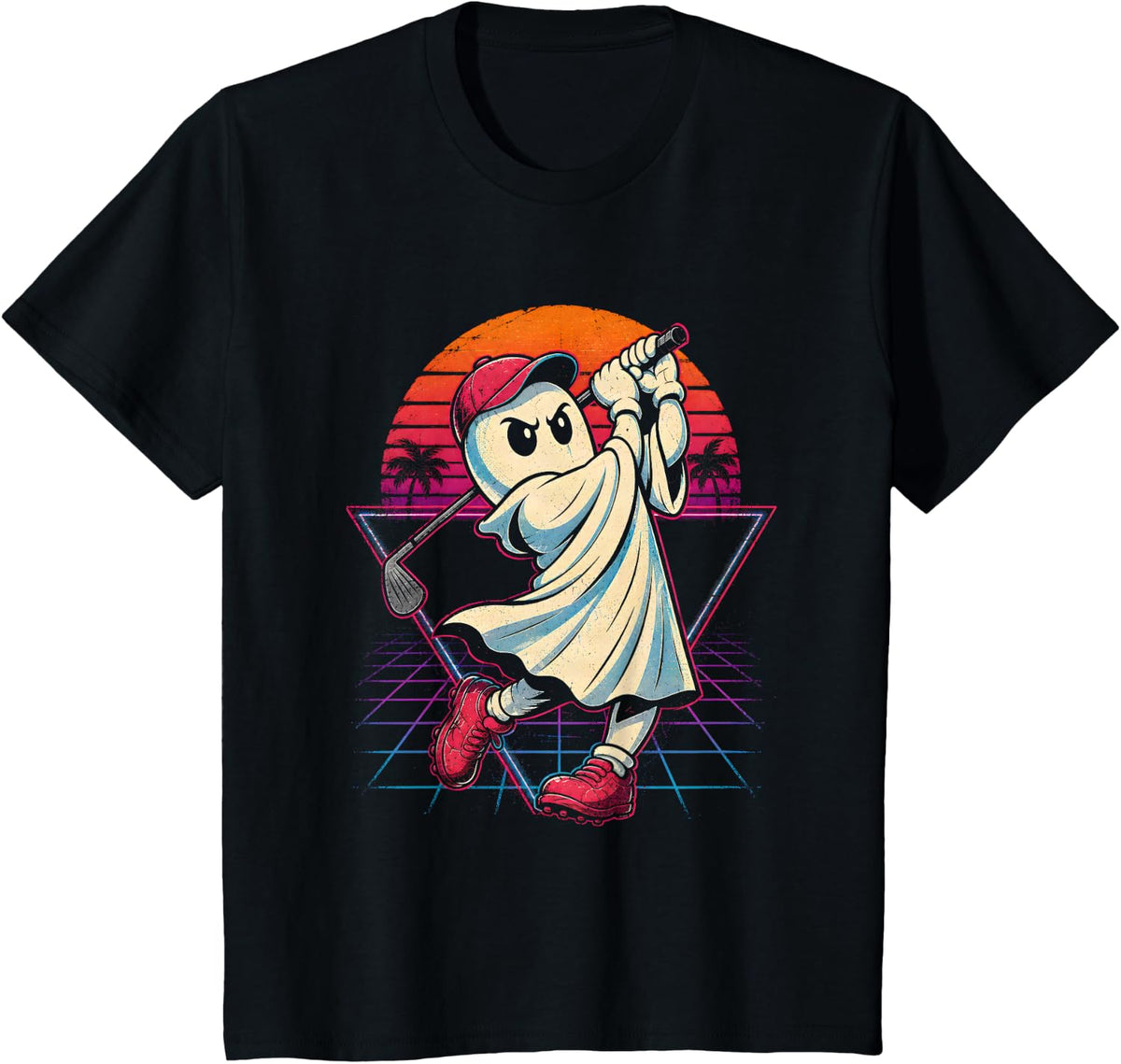 Halloween Ghost Golfer Retro Sunset Funny Golf Lover Costume T-Shirt - Black