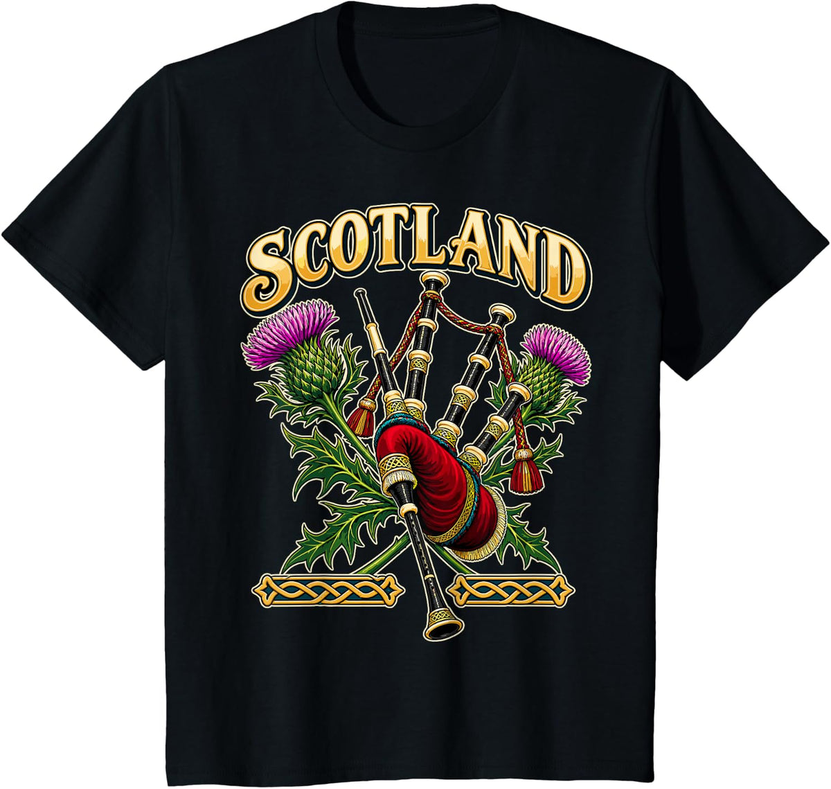Scottish with Bagpipes and Thistles T-Shirt - Black