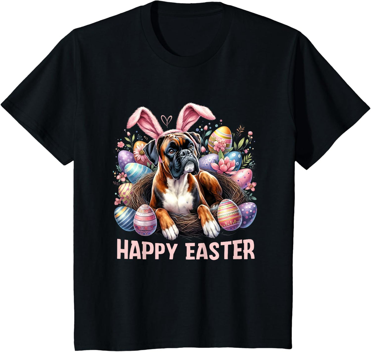Boxer Dog Bunny Ears Happy Easter Day T-Shirt - Black