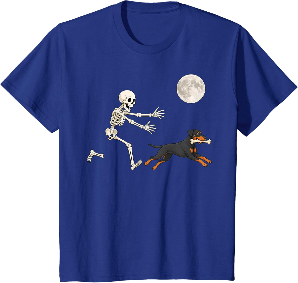 Doberman Pinscher Running Skeleton Retro Halloween Dog T-Shirt - Royal Blue