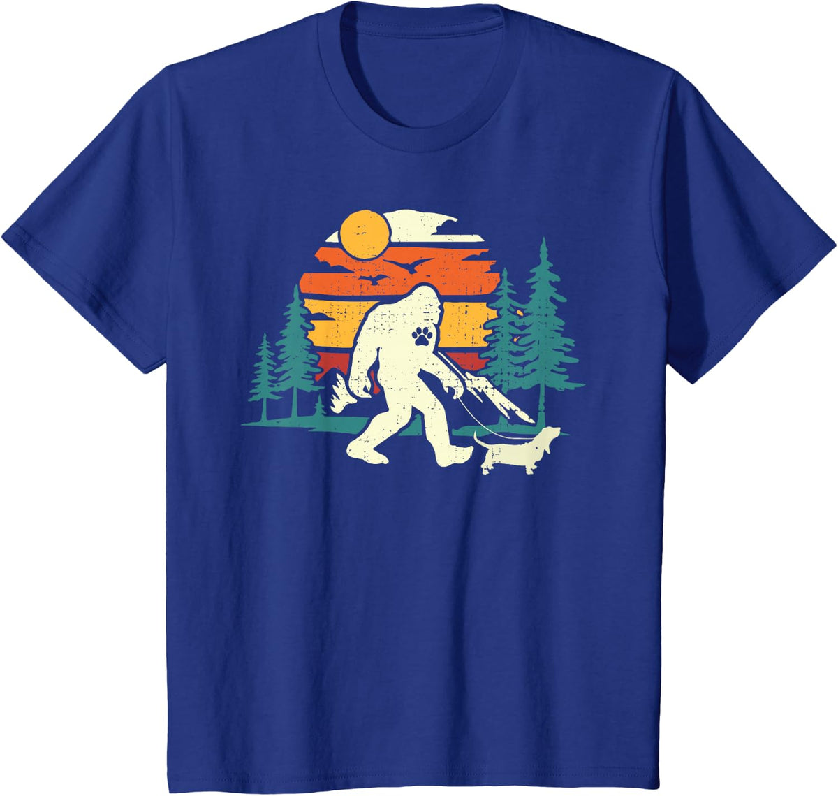 Retro Bigfoot Walking Basset Hound Dog Walker Sasquatch T-Shirt - Royal Blue