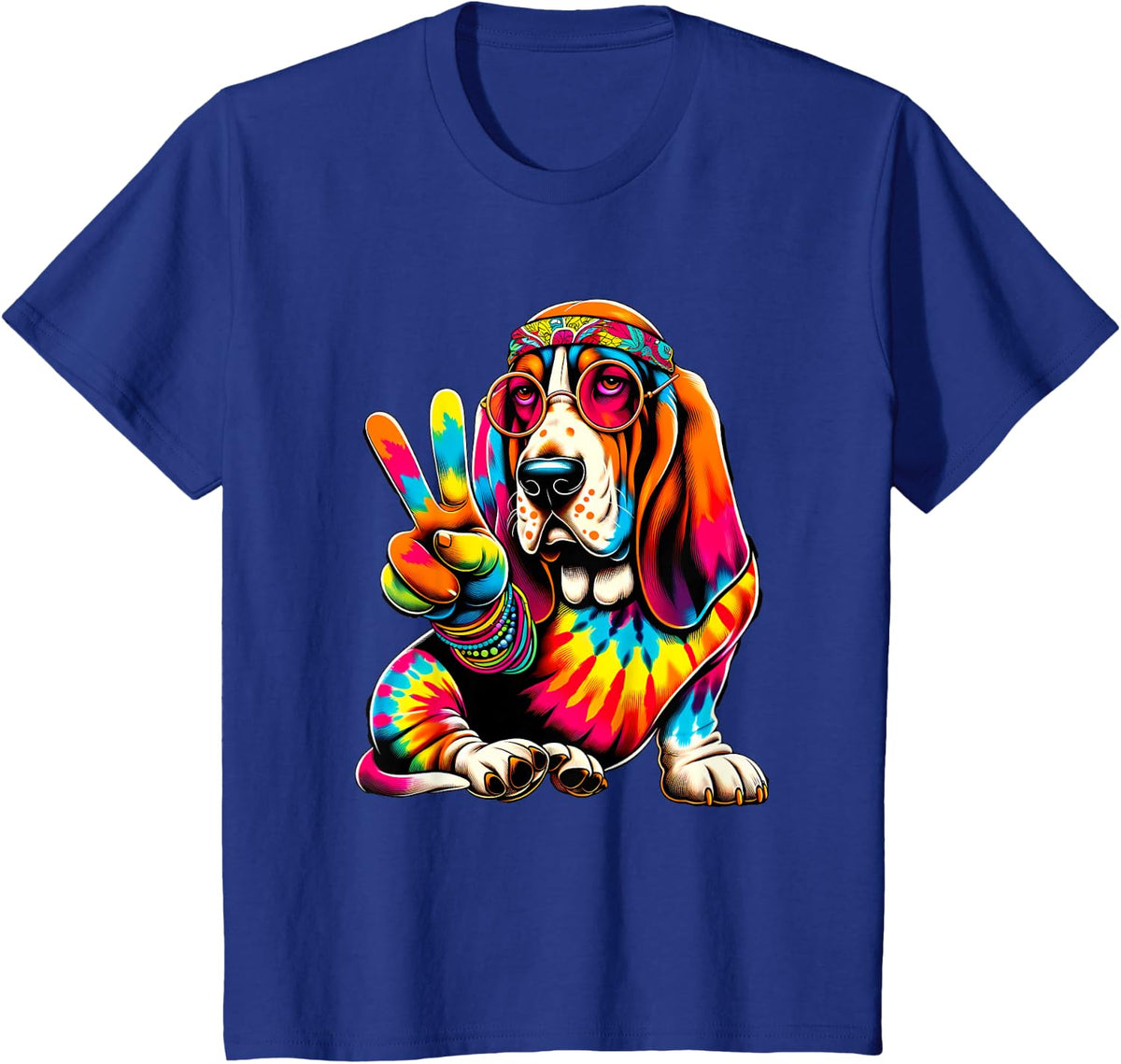 Peace Sign Tie Dye Basset Hound dog T-Shirt - Royal Blue