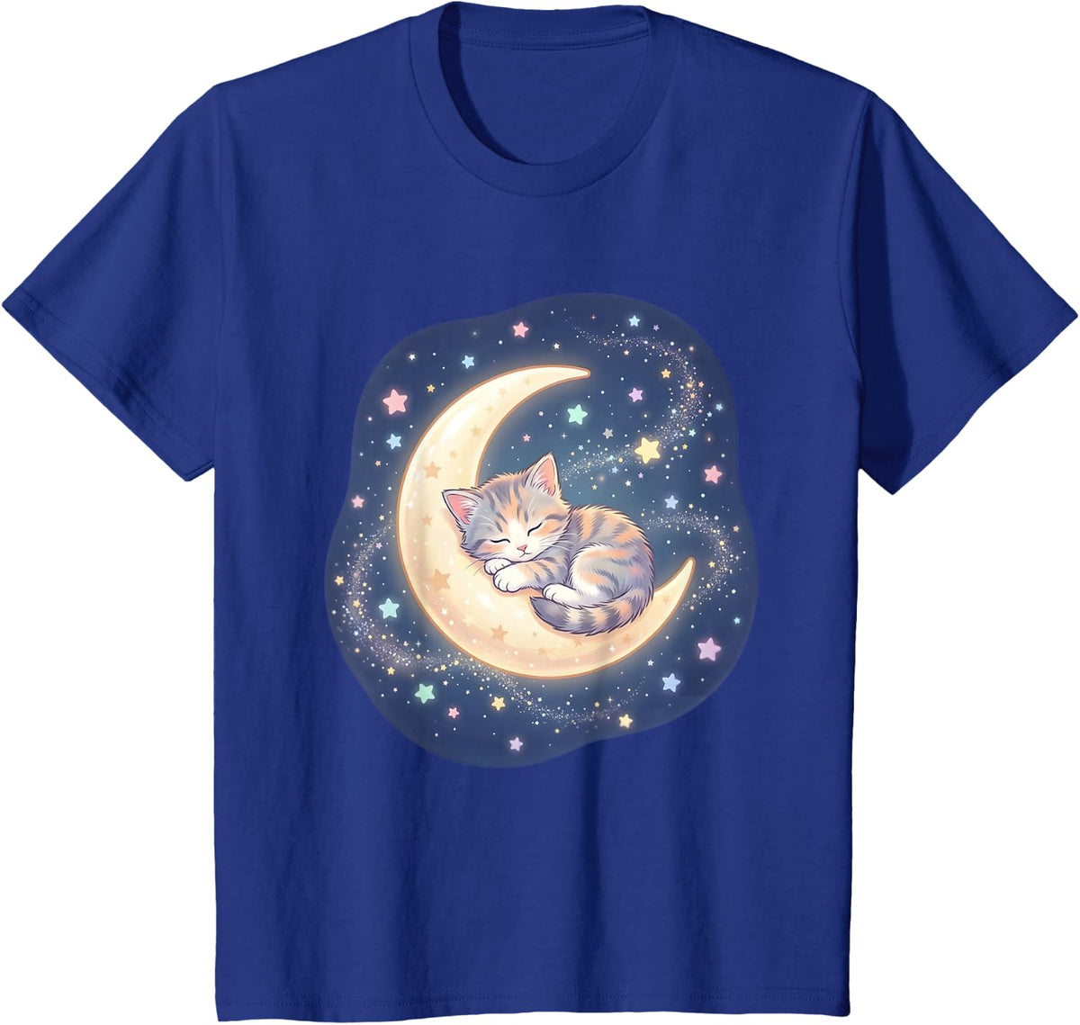 Sleeping Kitten on Crescent Starry Moon Kawaii Cat Lover T-Shirt - Royal Blue