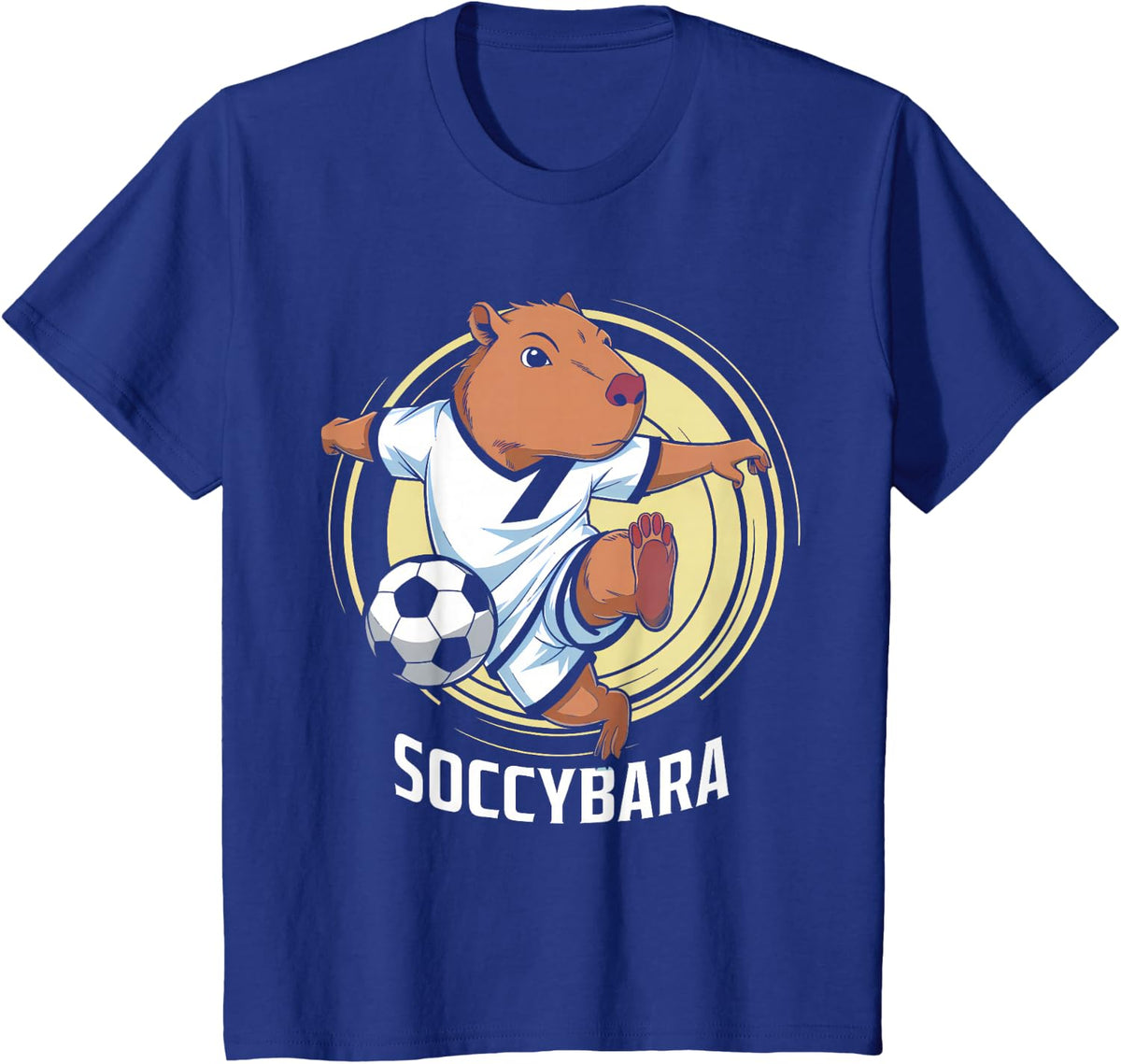 Groovy Soccybara Delight Capybara with Football Soccer Kids T-Shirt - Royal Blue
