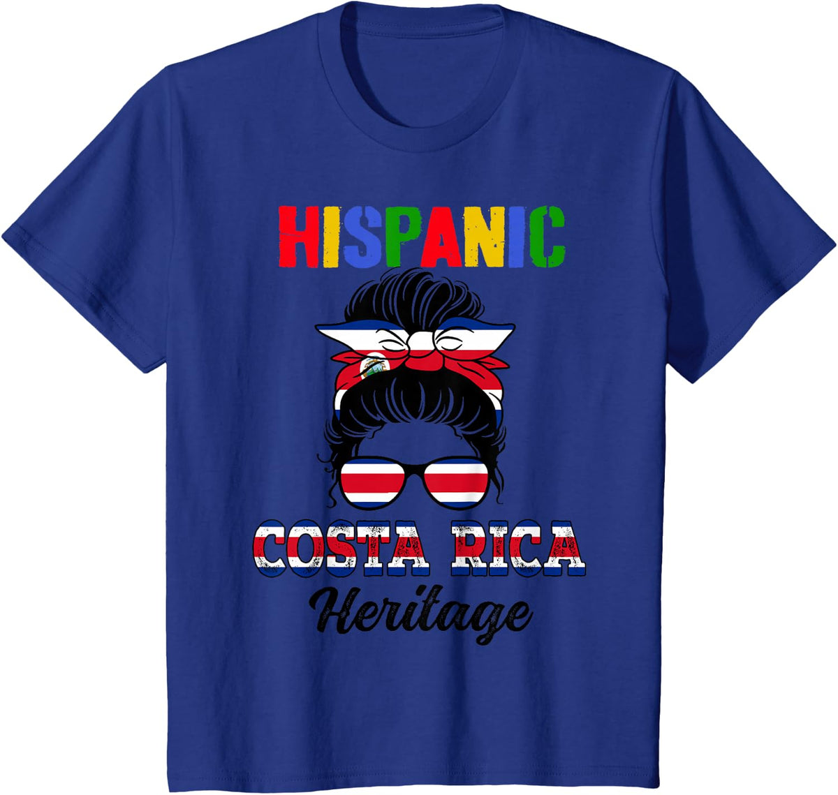 Costa Rican Girl Messy Bun Hispanic Heritage Month T-Shirt - Royal Blue