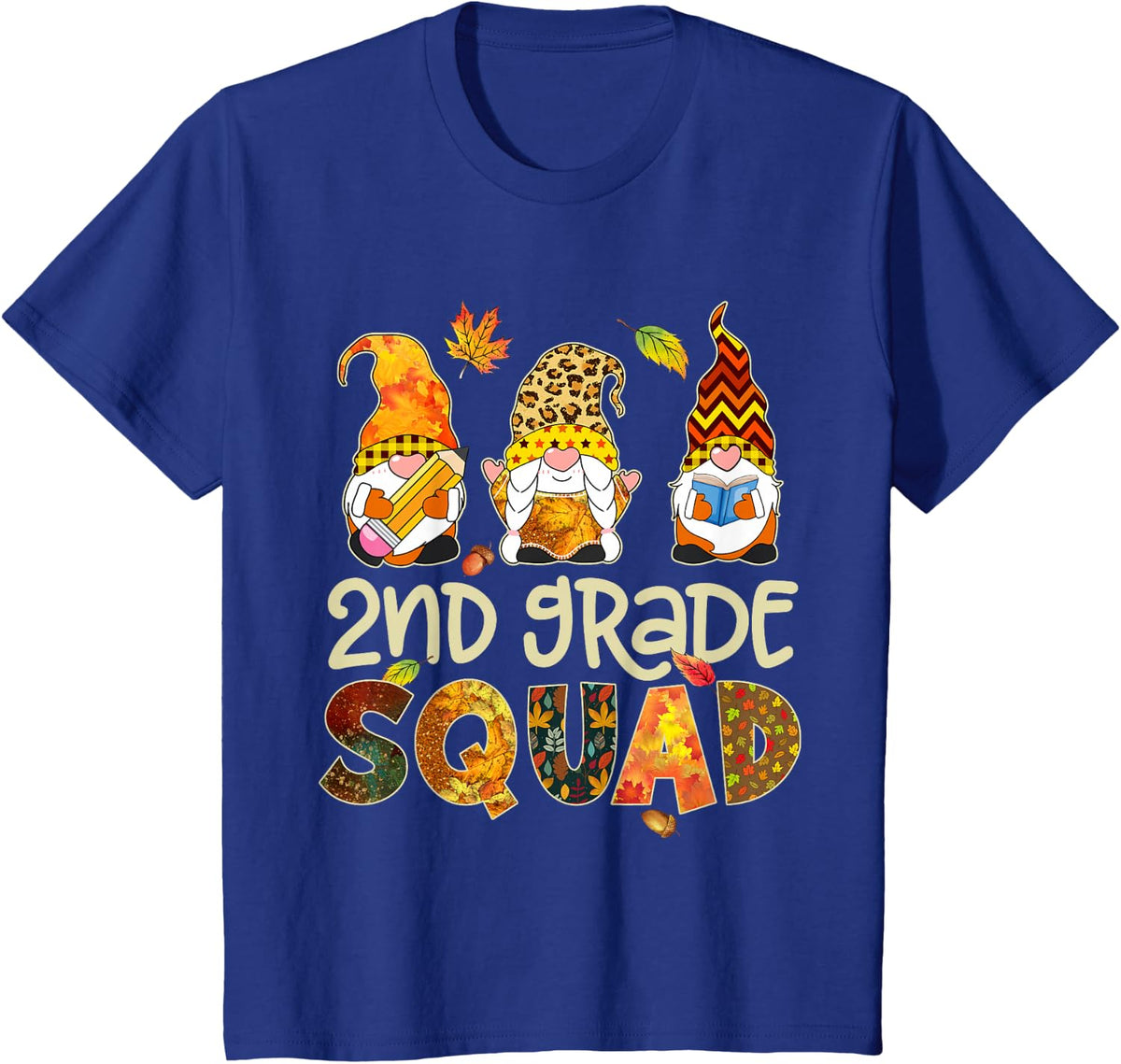 2nd Grade Squad Gnome Leopard Thanksgiving Fall Teacher Kids T-Shirt - Royal Blue