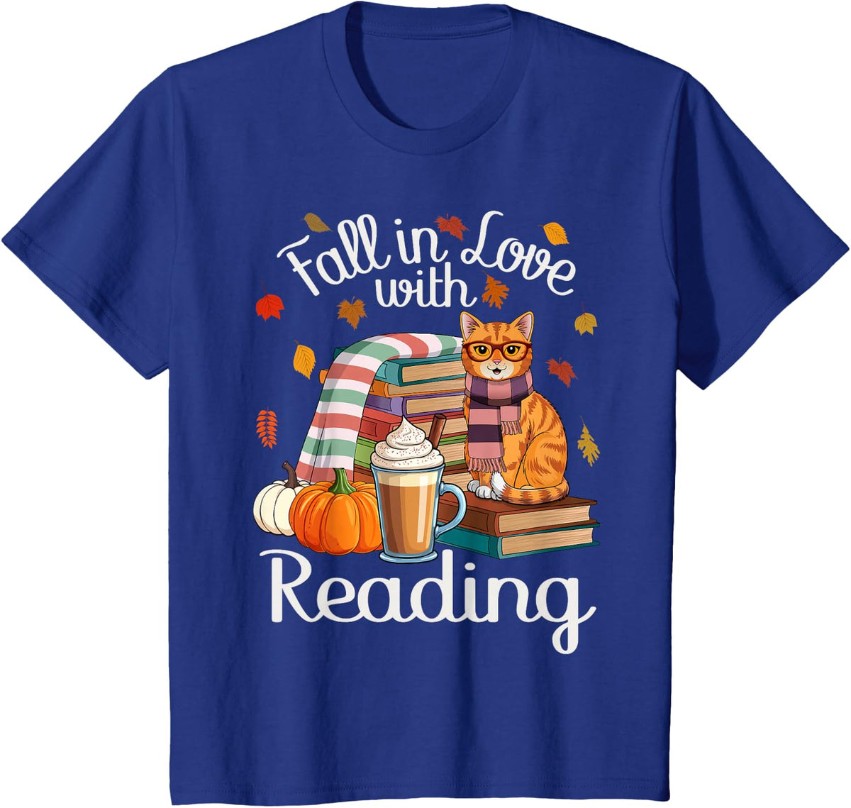 Fall Reading Book Tabby Cat Autumn Librarian Funny Teacher T-Shirt - Royal Blue