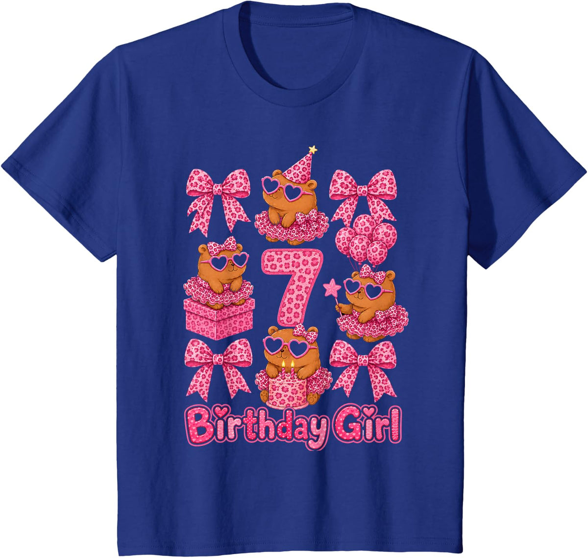 7th Birthday Girl Capybara Coquette Bow Leopard Tutu 7 Year T-Shirt - Royal Blue