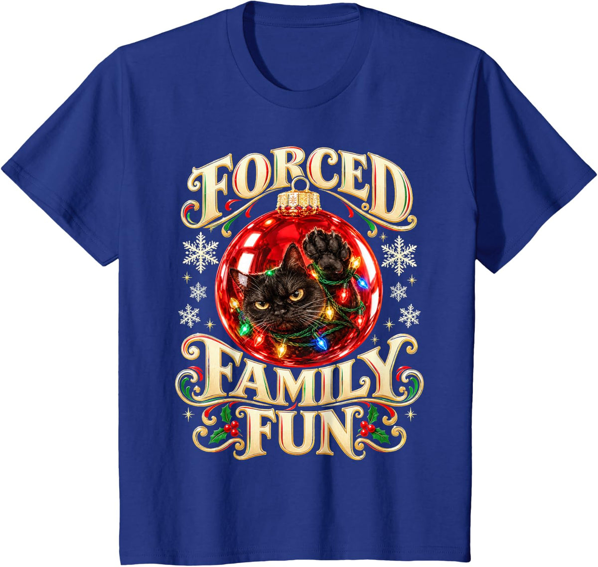 Forced Family Fun Christmas Cat Ornate Vintage T-Shirt - Royal Blue