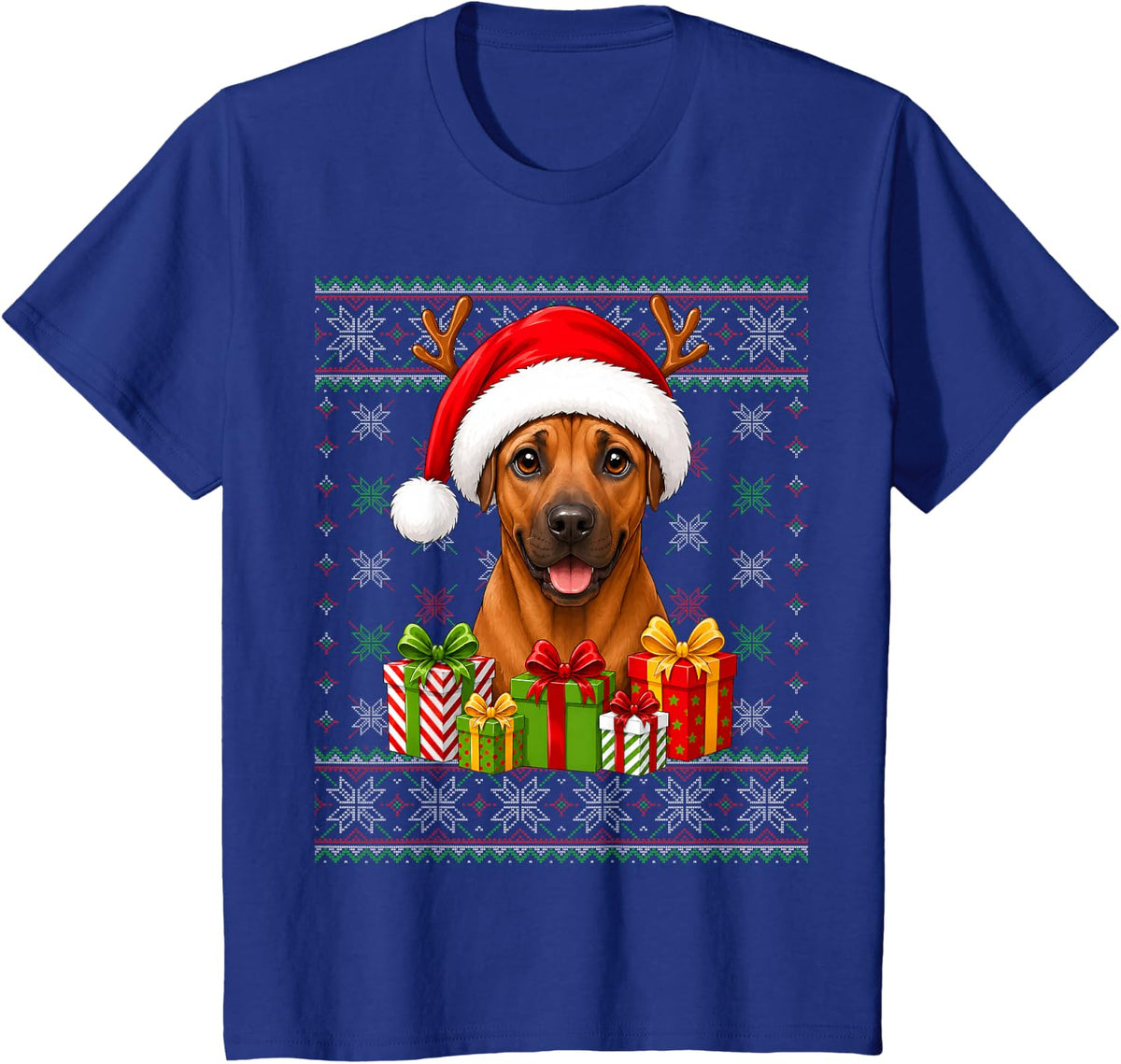Rhodesian Ridgeback Dog Christmas Ugly Sweaters Festive Xmas T-Shirt - Royal Blue