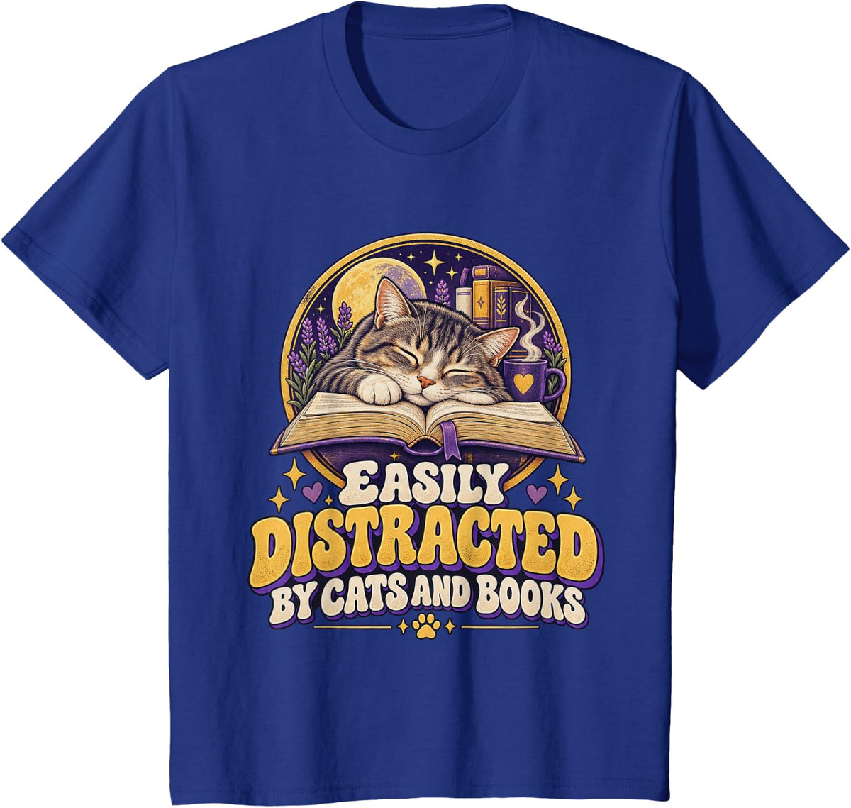 Easily Distracted BY Cats and Books cat Lover Book Nerd T-Shirt - Royal Blue
