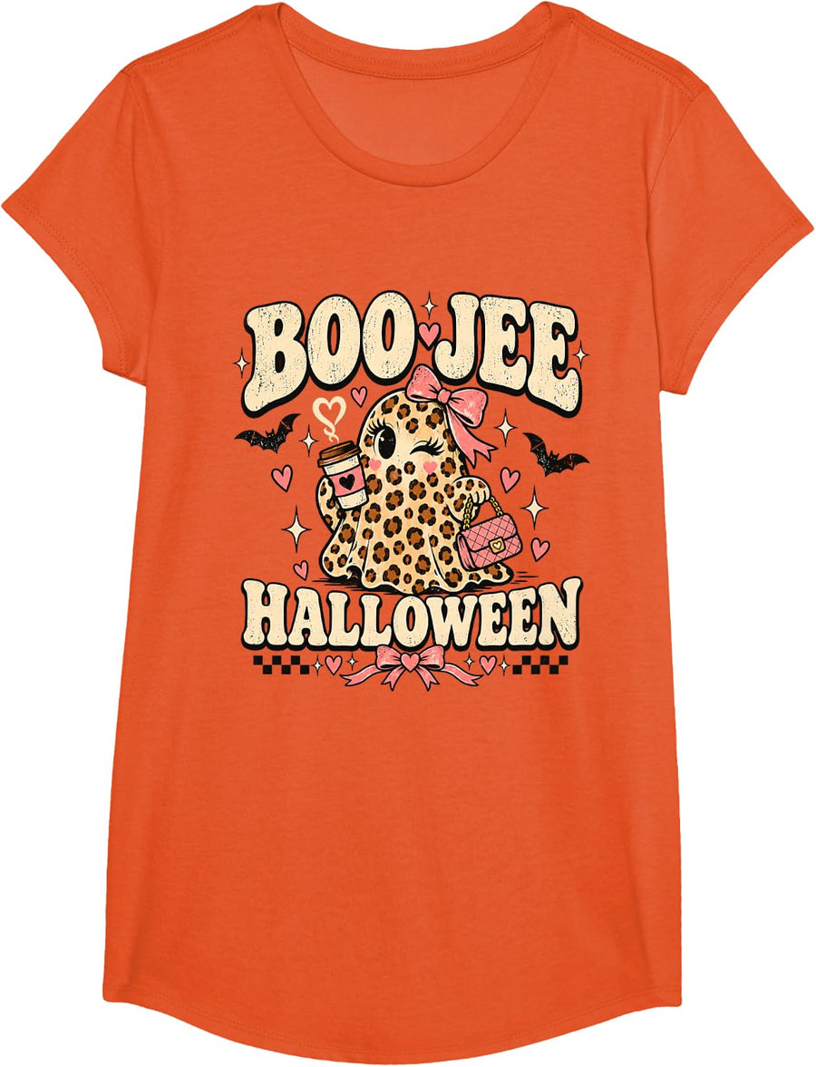 Boo-JEE Halloween Leopard Ghost Coffee T-Shirt T-Shirt - Girls Orange