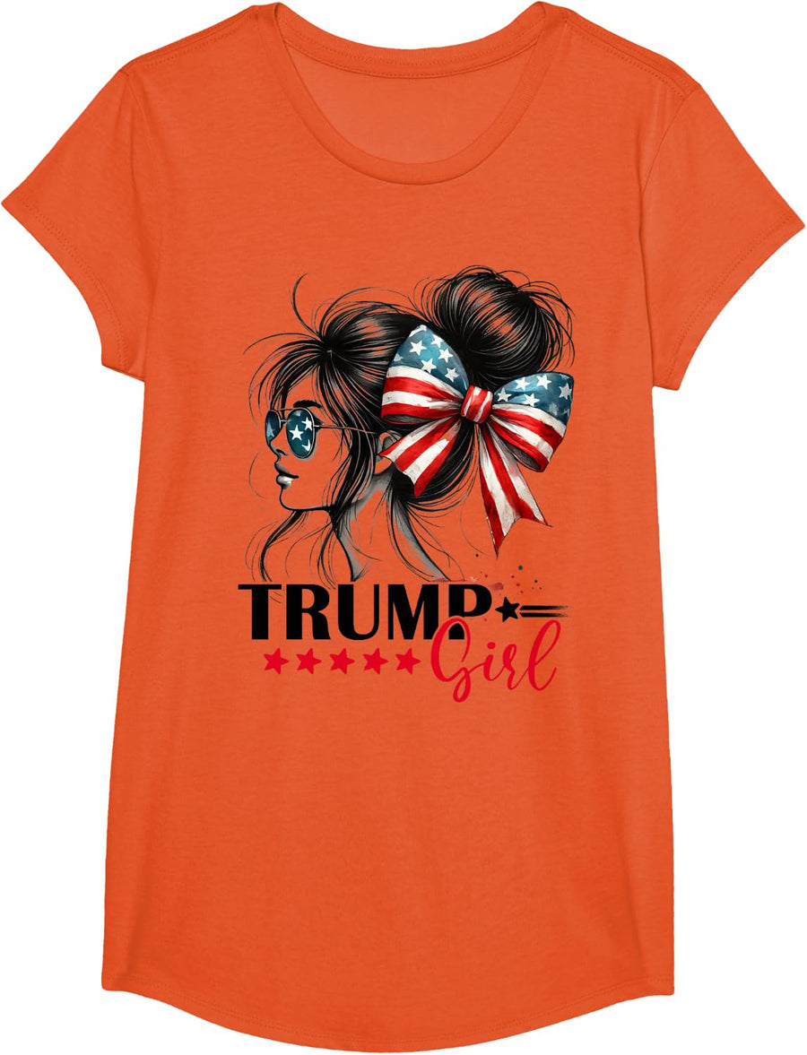 Trump Girl Messy Bun Sunglasses Trump 2024 USA Flag T-Shirt - Girls Orange