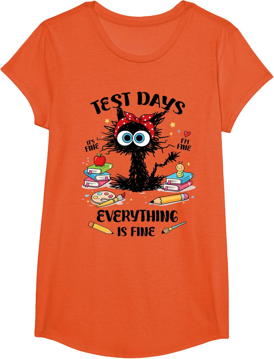 Test Day Funny Stressed Cat Testing Day Teacher Student Kids T-Shirt - Girls Orange