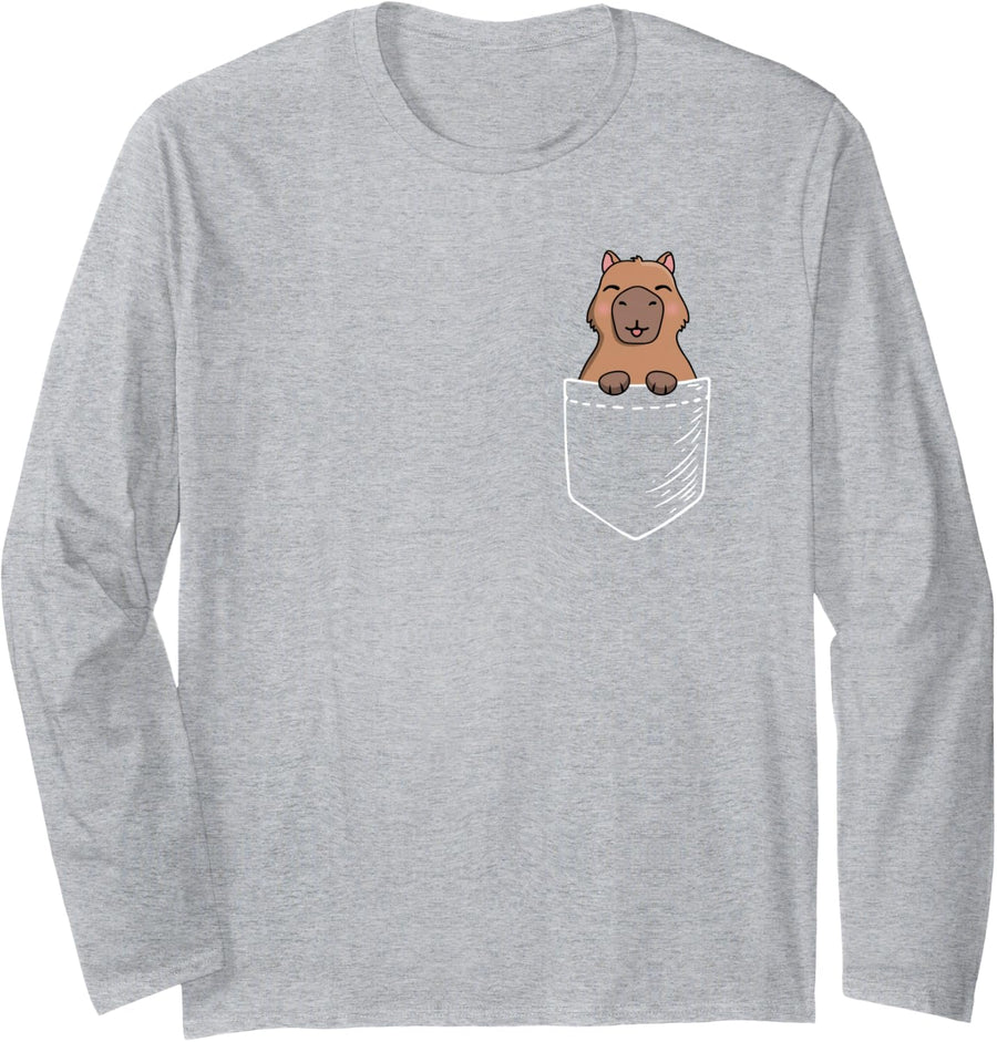 Mens Womens Kids Kawaii Meme Lover Pocket Capybara Cartoon Long Sleeve T-Shirt - Adult Unisex Heather Grey