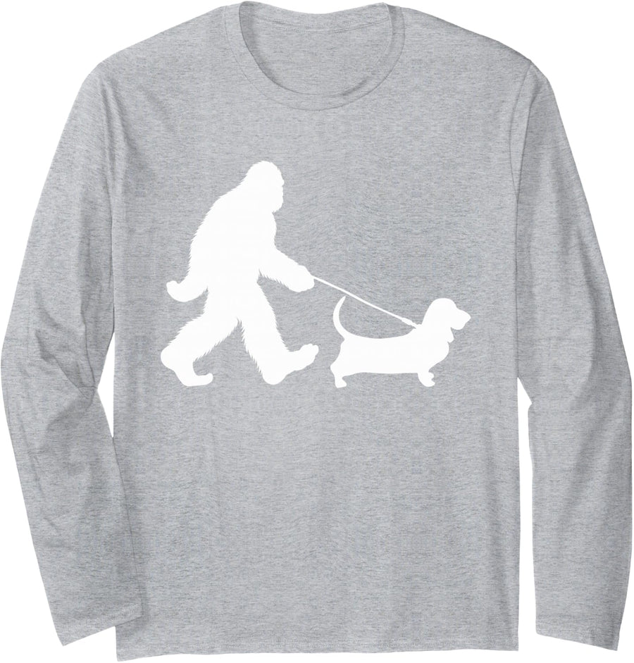 Bigfoot Walking a Dog Funny Basset Hound Lovers Dog Dad Long Sleeve T-Shirt - Adult Unisex Heather Grey