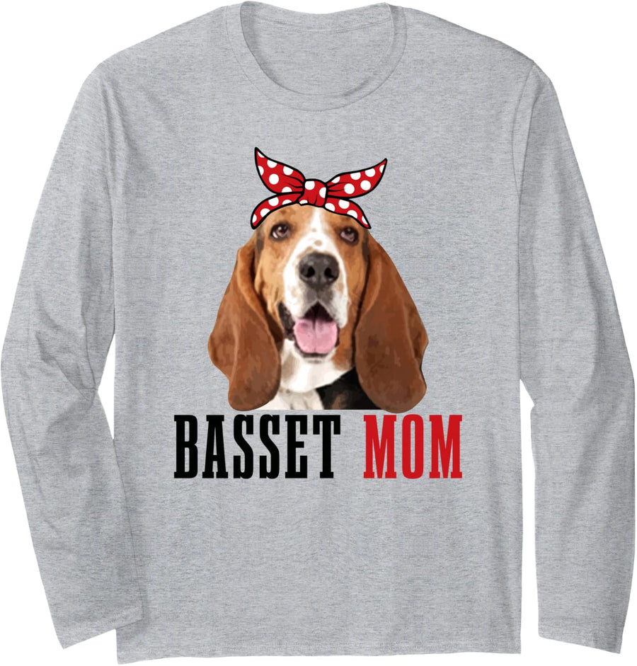 Basset Mom Funny Cute Vintage Dog Basset Hound Mom Long Sleeve T-Shirt - Adult Unisex Heather Grey