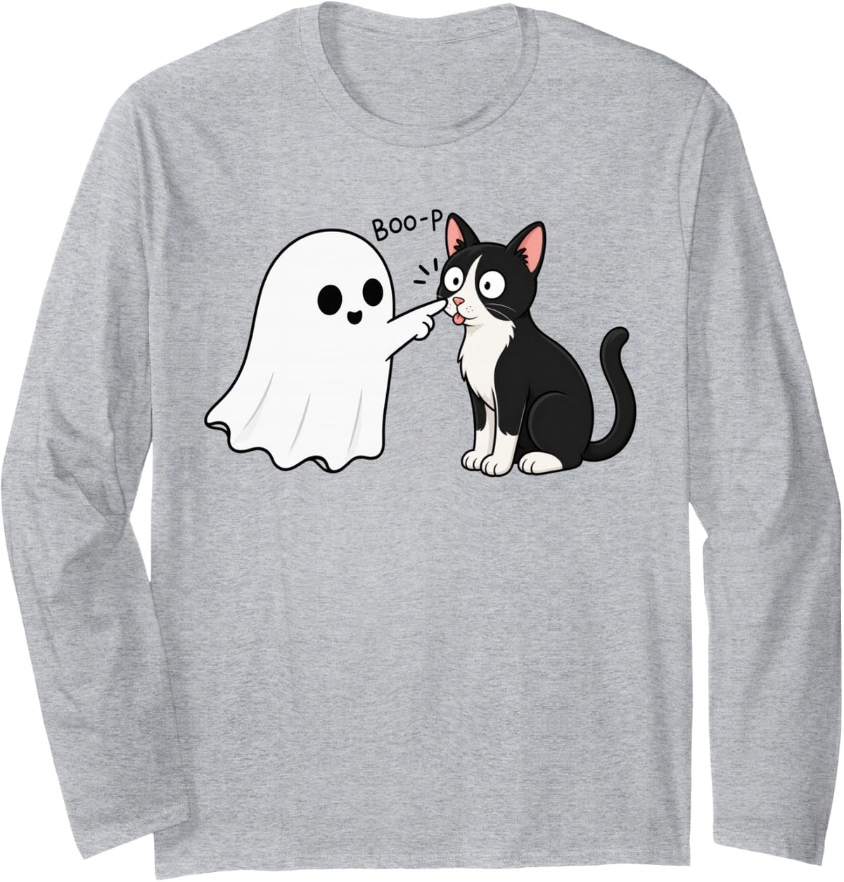 Cute Tuxedo Cat Boop Ghost Halloween Long Sleeve T-Shirt - Adult Unisex Heather Grey